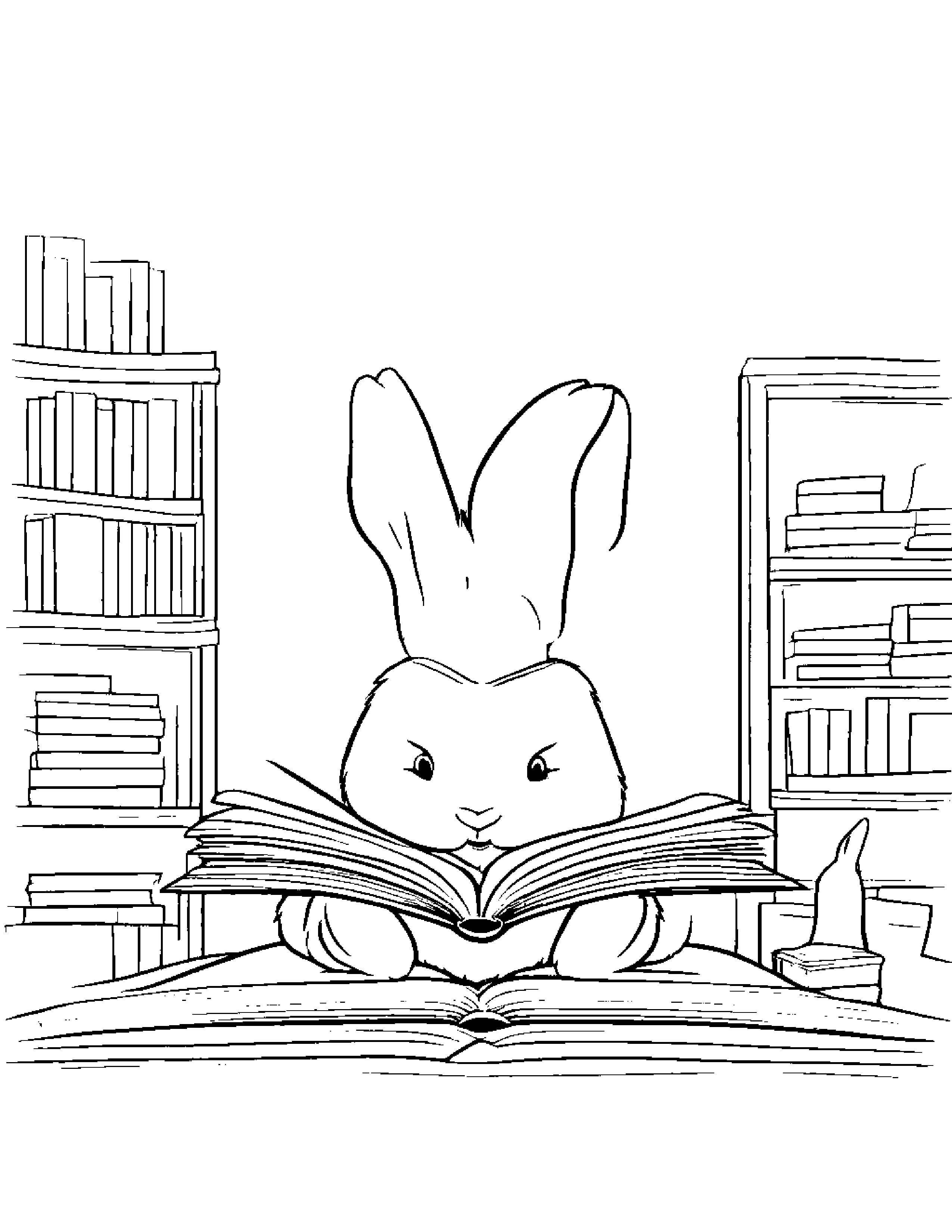 Gentle Bunny Reading A Book Coloring Page (Free Printable PDF)