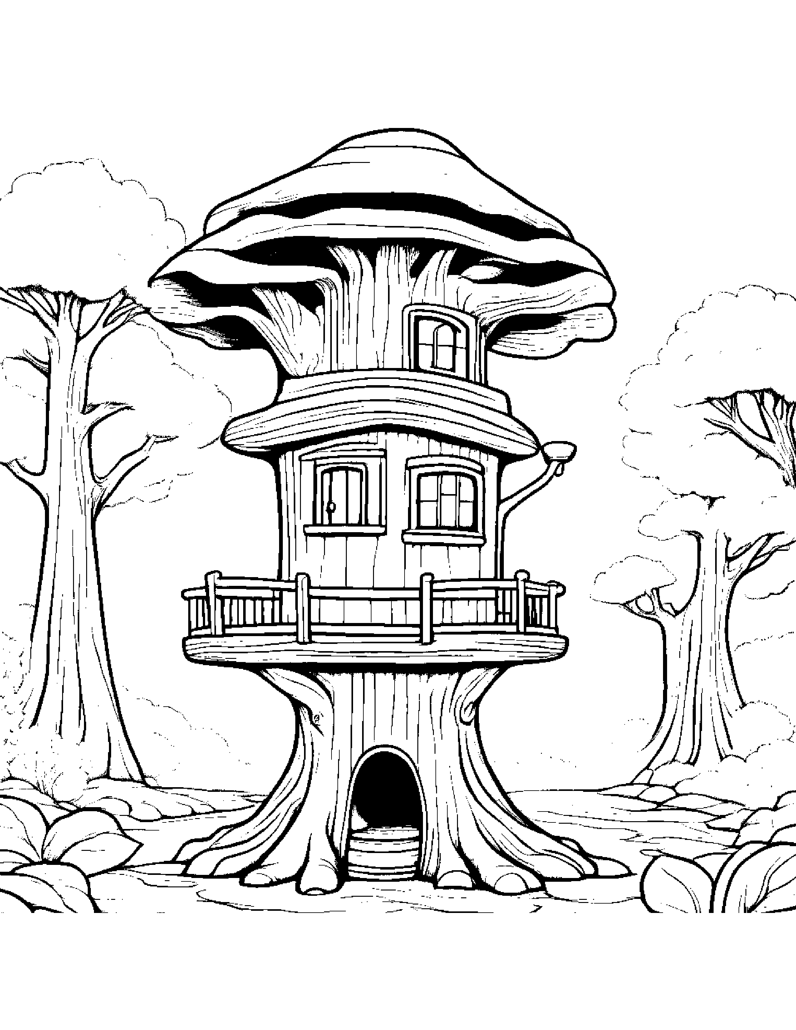 Little Treehouse Wearing A Hat #2 Coloring Page (Free Printable PDF)