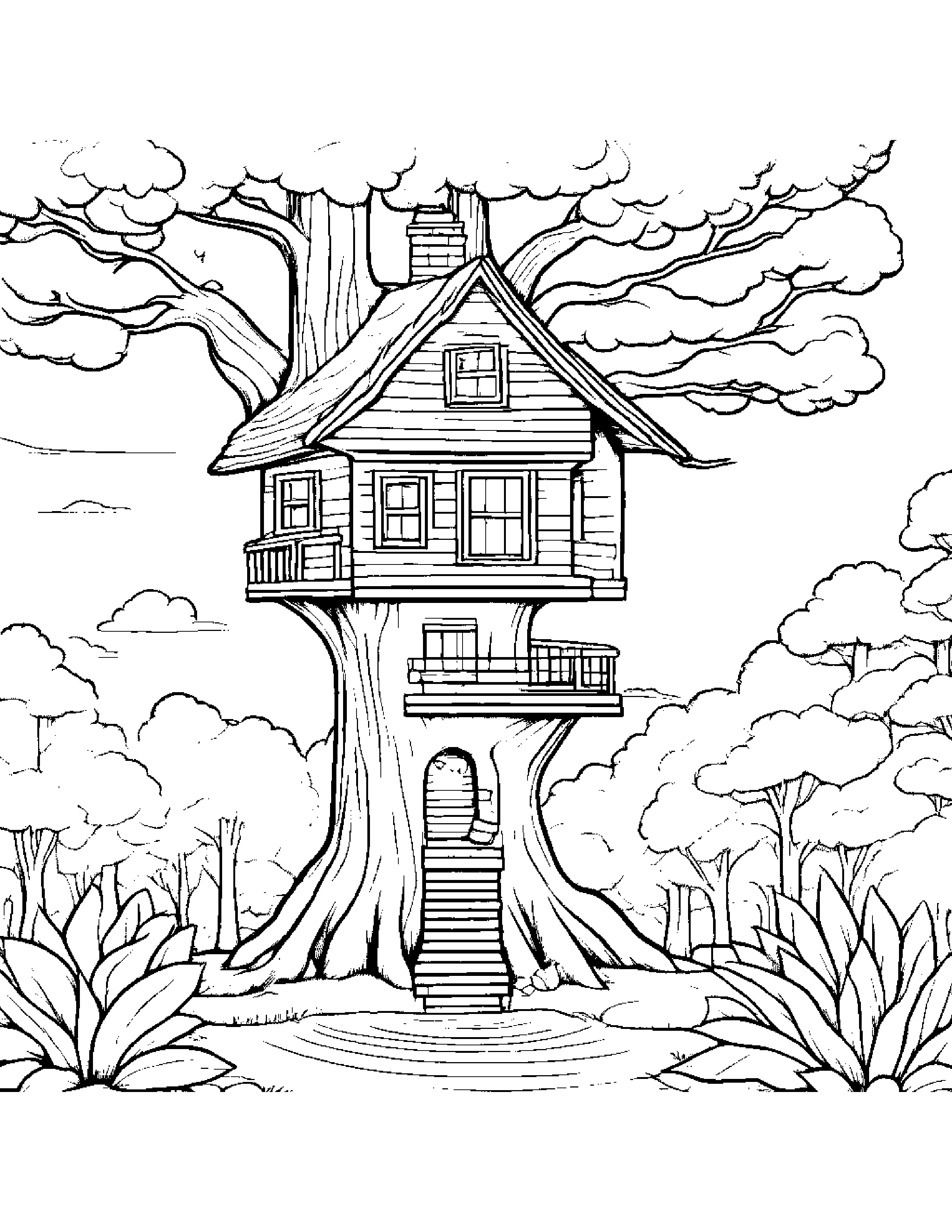 Little Treehouse Wearing A Hat Coloring Page (Free Printable PDF)