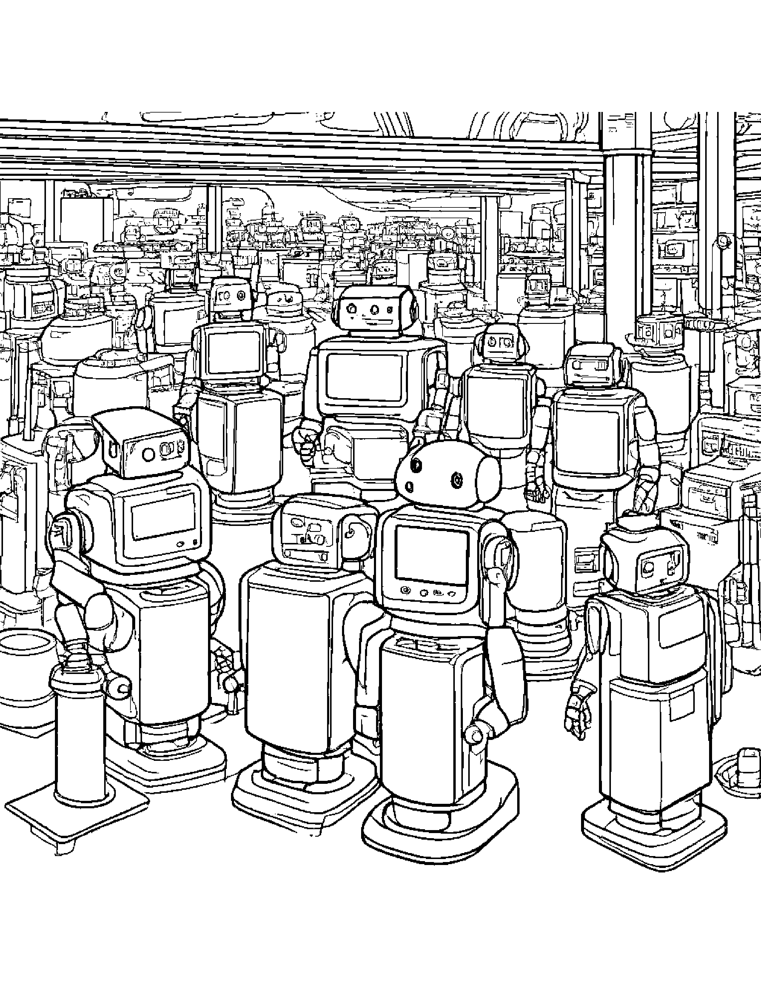 A Group Of Robots Working Together In A Factory To Assemble Consumer Electronics Coloring Page (Free Printable PDF)