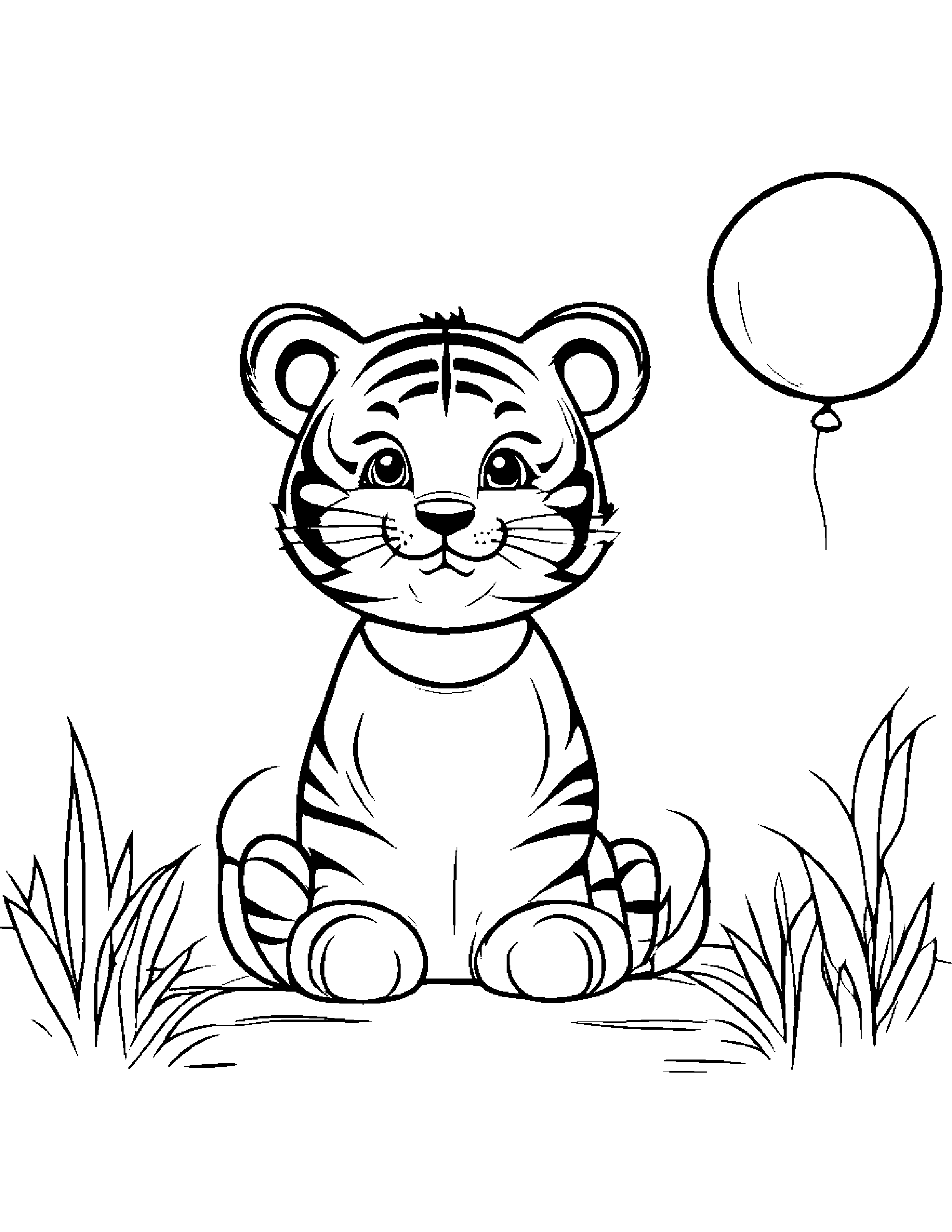 Happy Tiger Cub With Balloon Coloring Page (Free Printable PDF)
