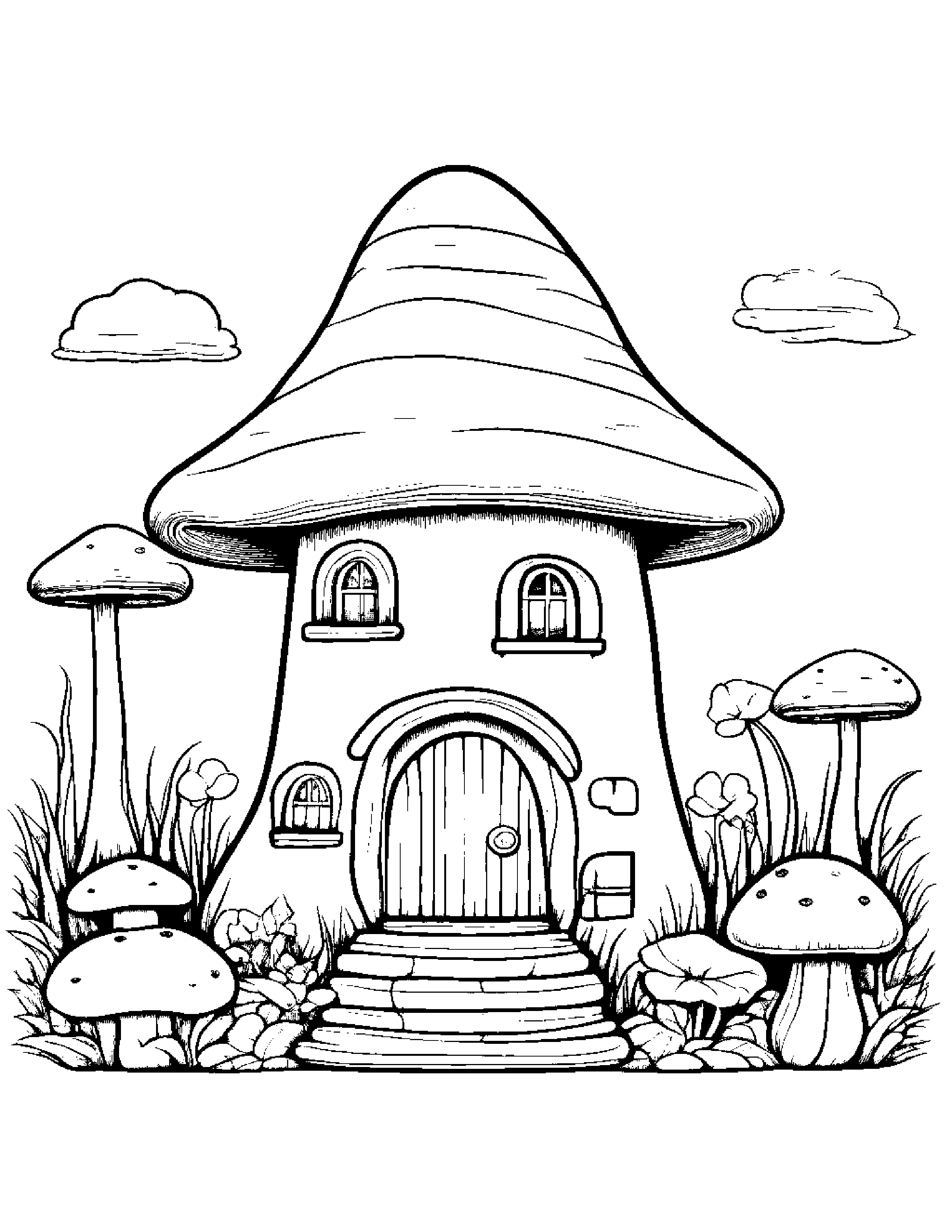 Sleepy Mushroom House #2 Coloring Page (Free Printable PDF)