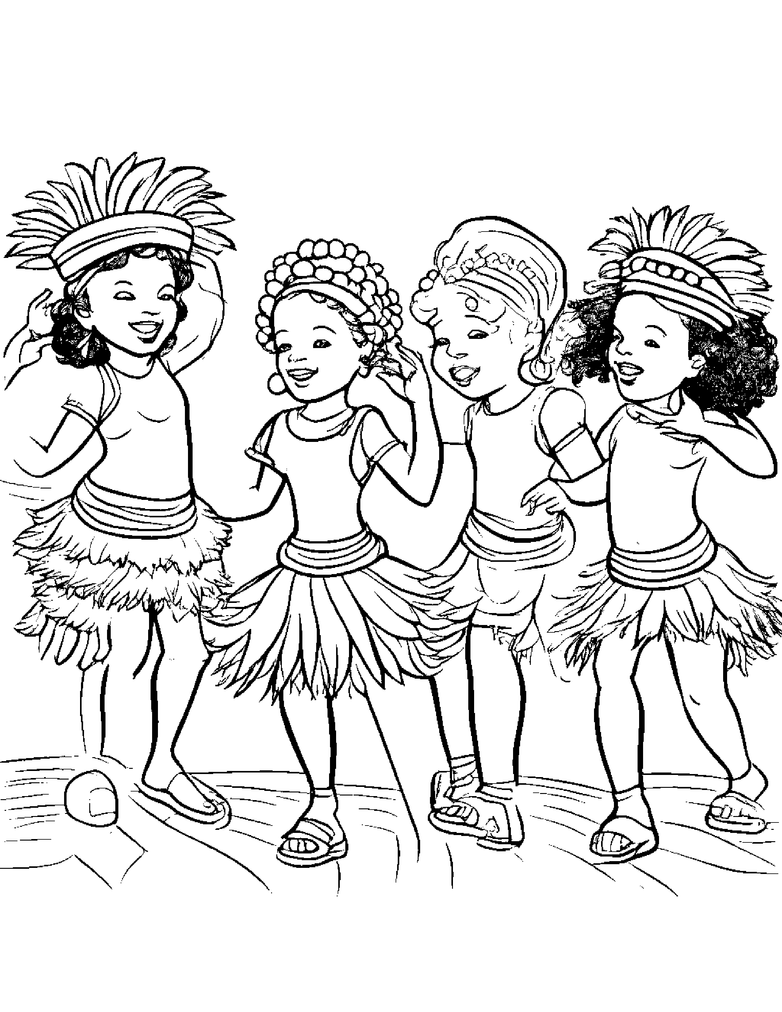 A Group Of Children Dancing The Samba Together In Colorful Brazilian Costumes Coloring Page (Free Printable PDF)