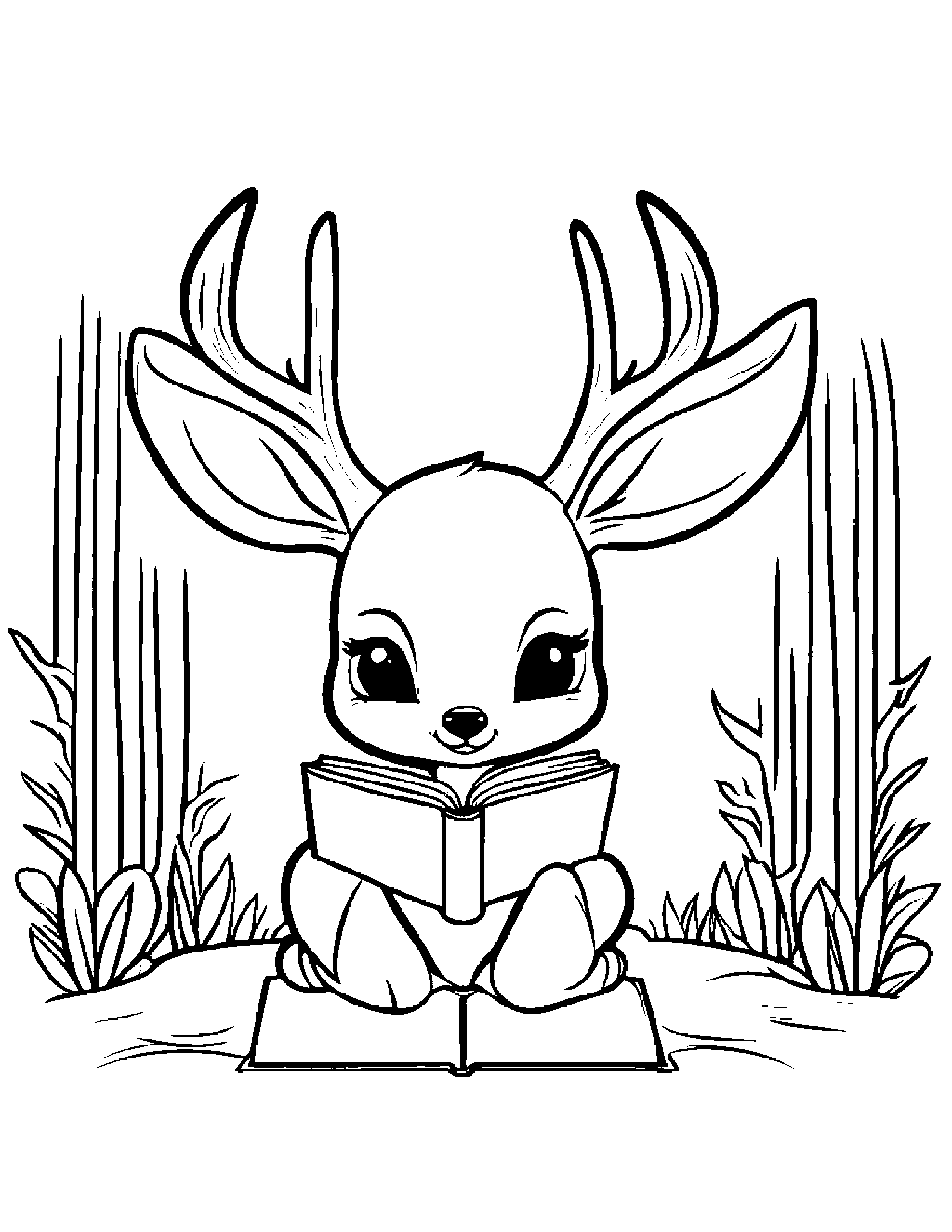 Kawaii Deer Fawn Reading A Book #2 Coloring Page (Free Printable PDF)