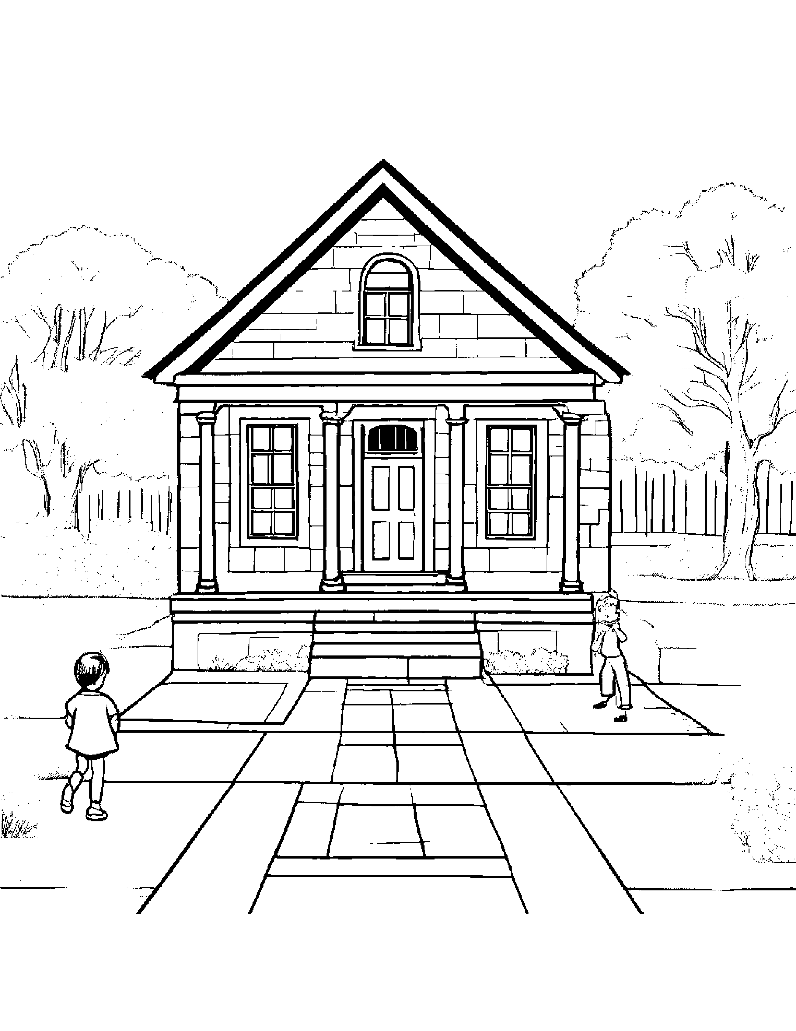 An Old Schoolhouse With Children Outside Playing Hopscotch Coloring Page (Free Printable PDF)
