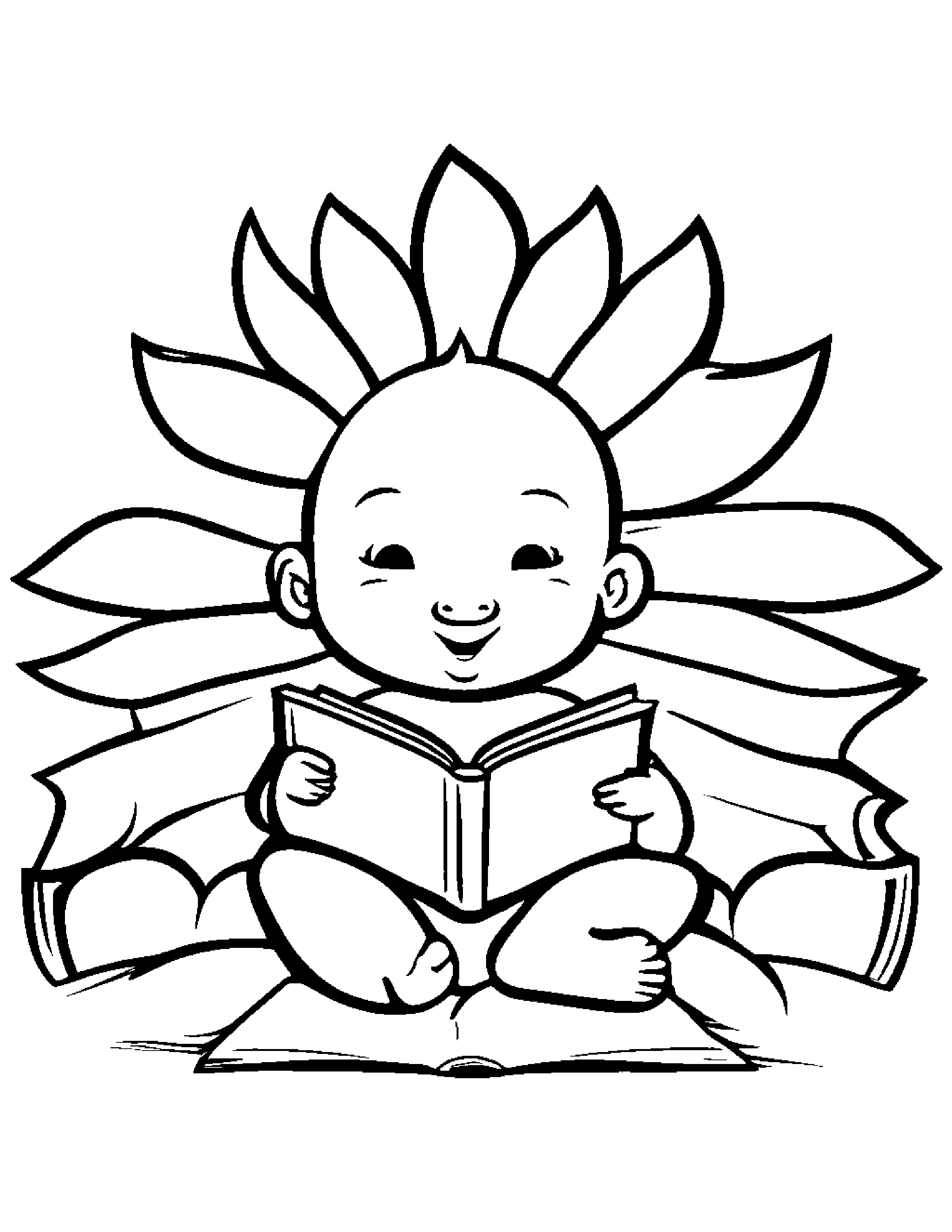 Baby Sun Reading A Book #2 Coloring Page (Free Printable PDF)