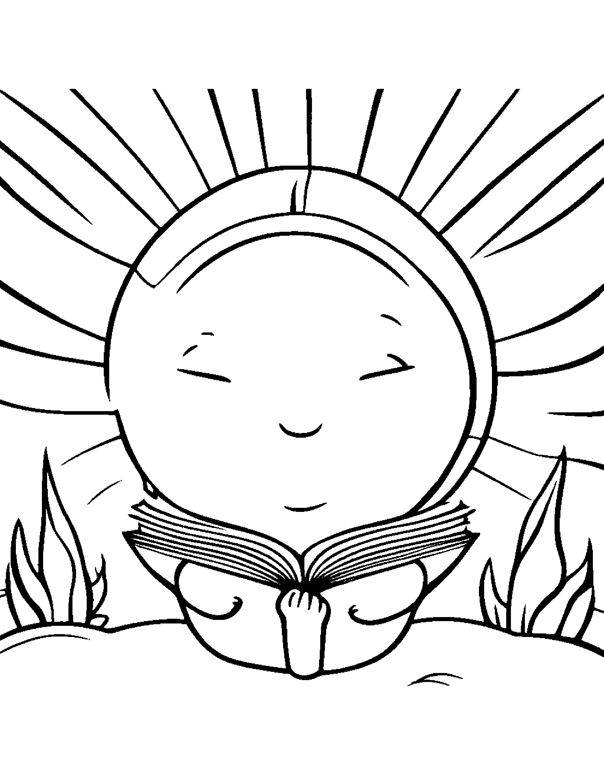 Baby Sun Reading A Book Coloring Page (Free Printable PDF)