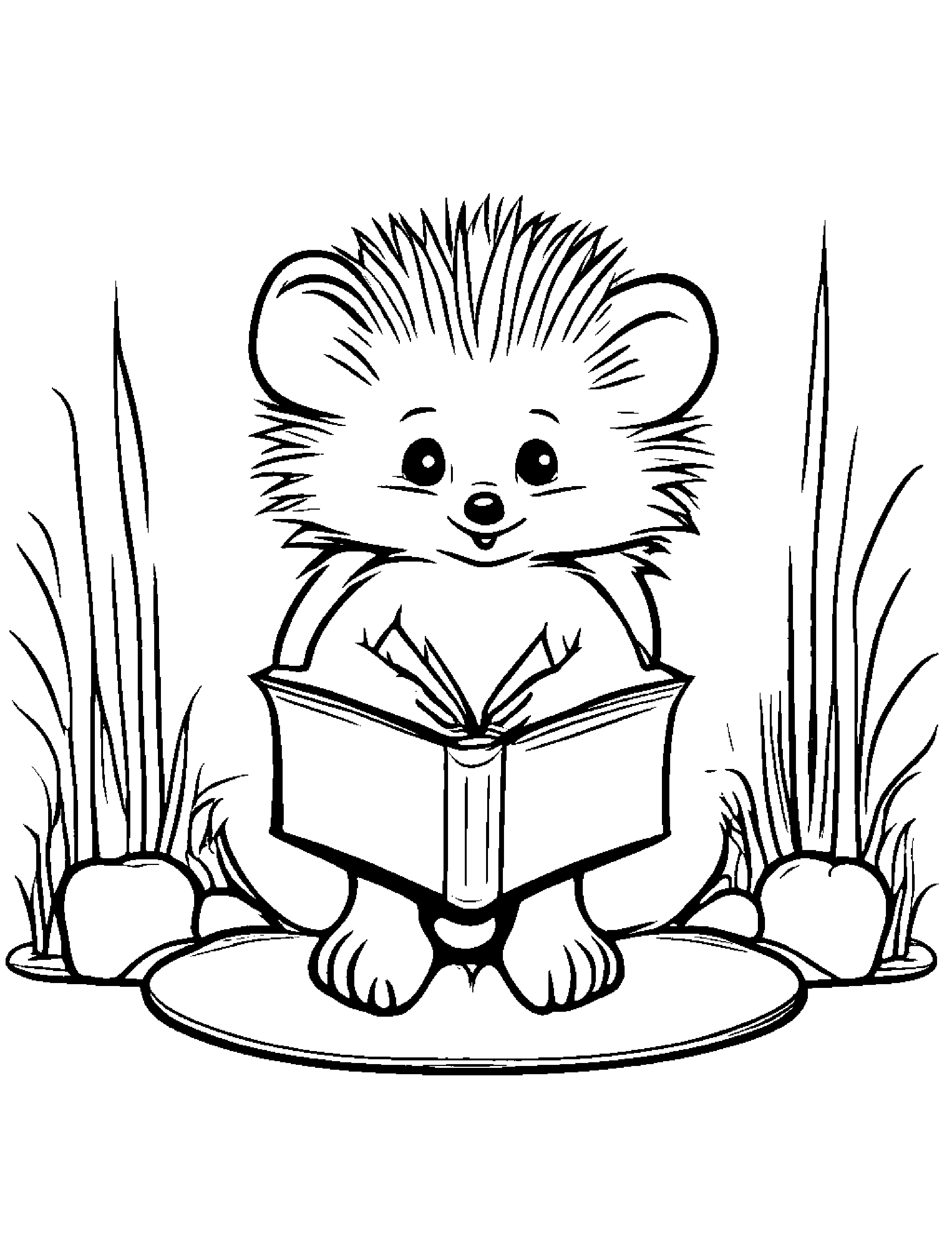 Baby Hedgehog Reading A Book #2 Coloring Page (Free Printable PDF)