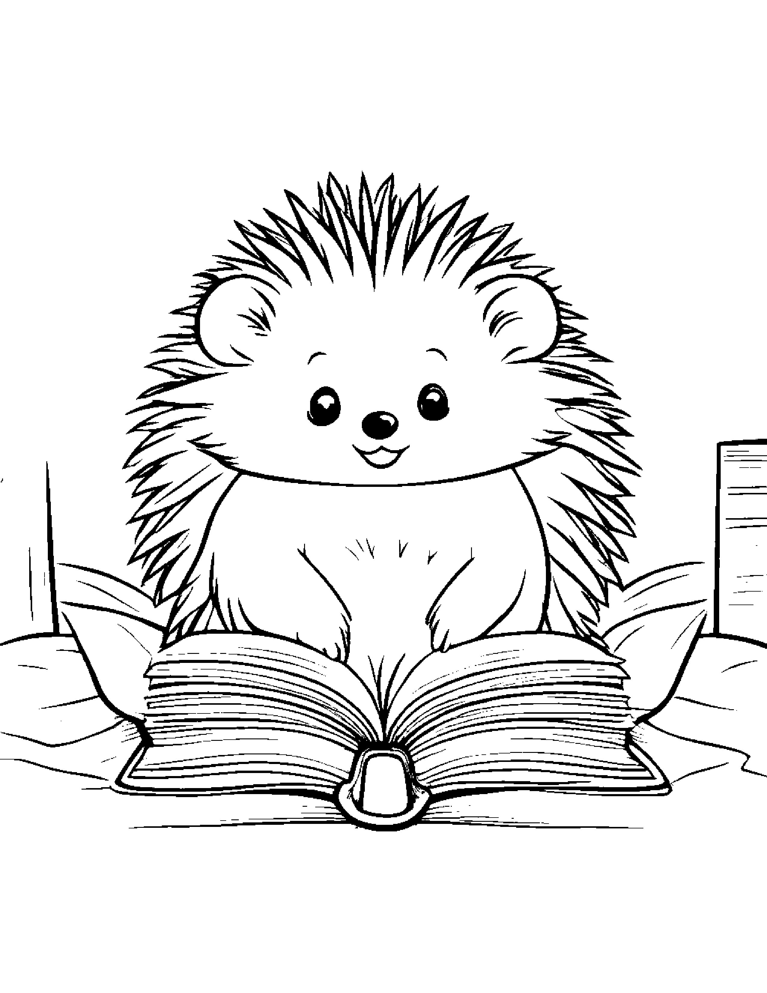 Baby Hedgehog Reading A Book Coloring Page (Free Printable PDF)