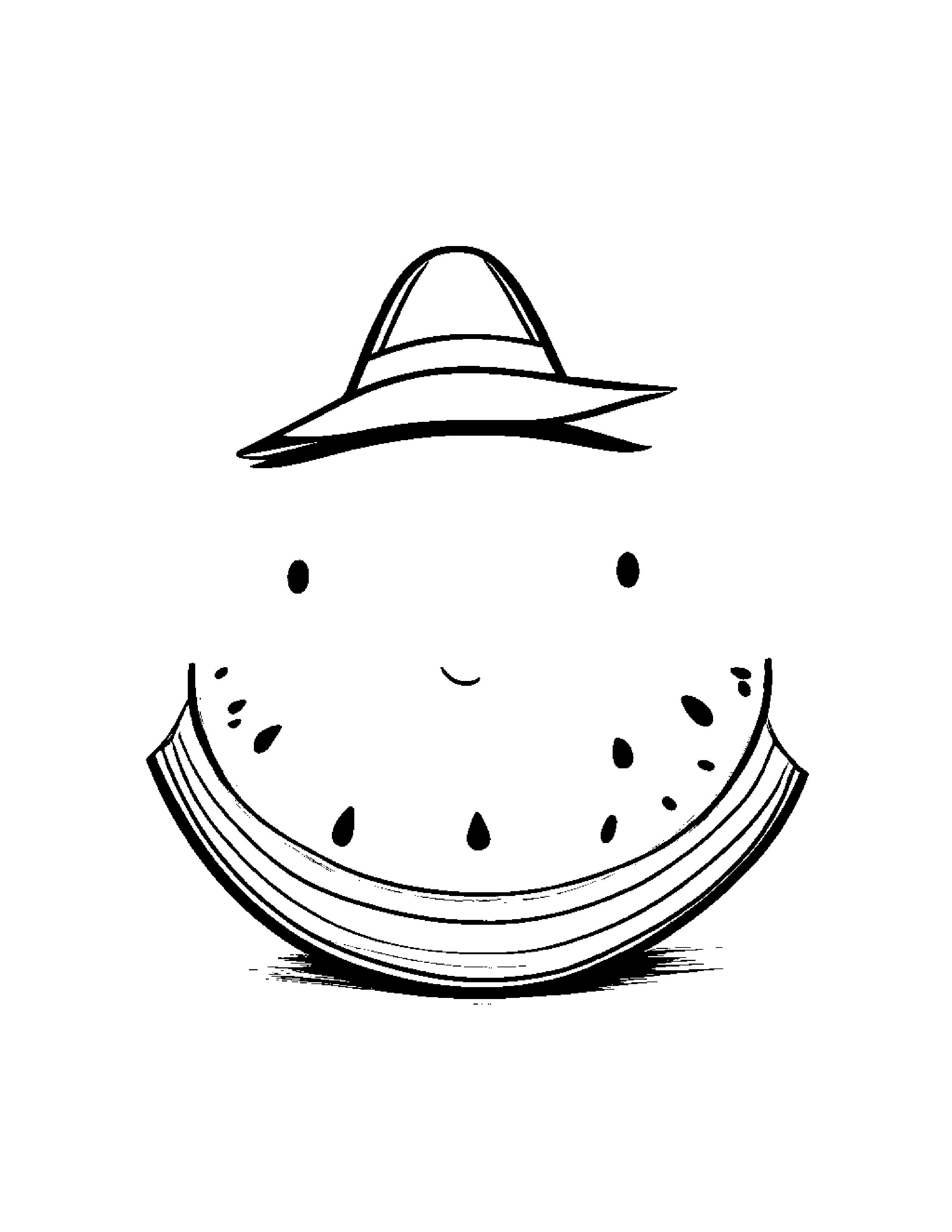 Sleepy Watermelon Slice Wearing A Hat Coloring Page (Free Printable PDF)