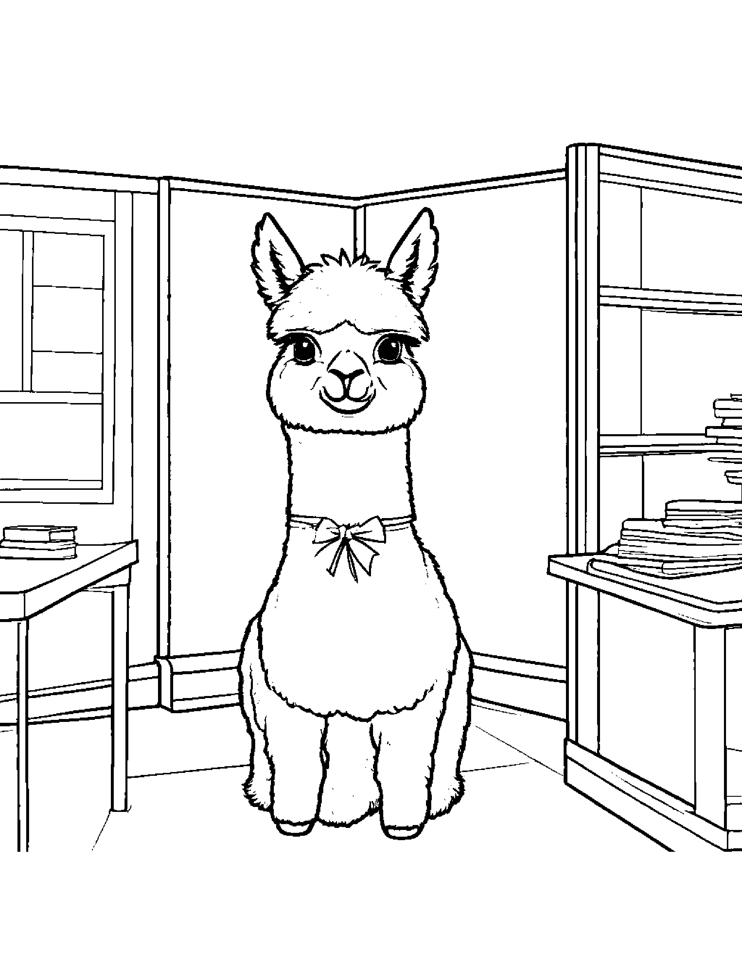Alpaca With A Tiny Bow In A Classroom Corner #2 Coloring Page (Free Printable PDF)