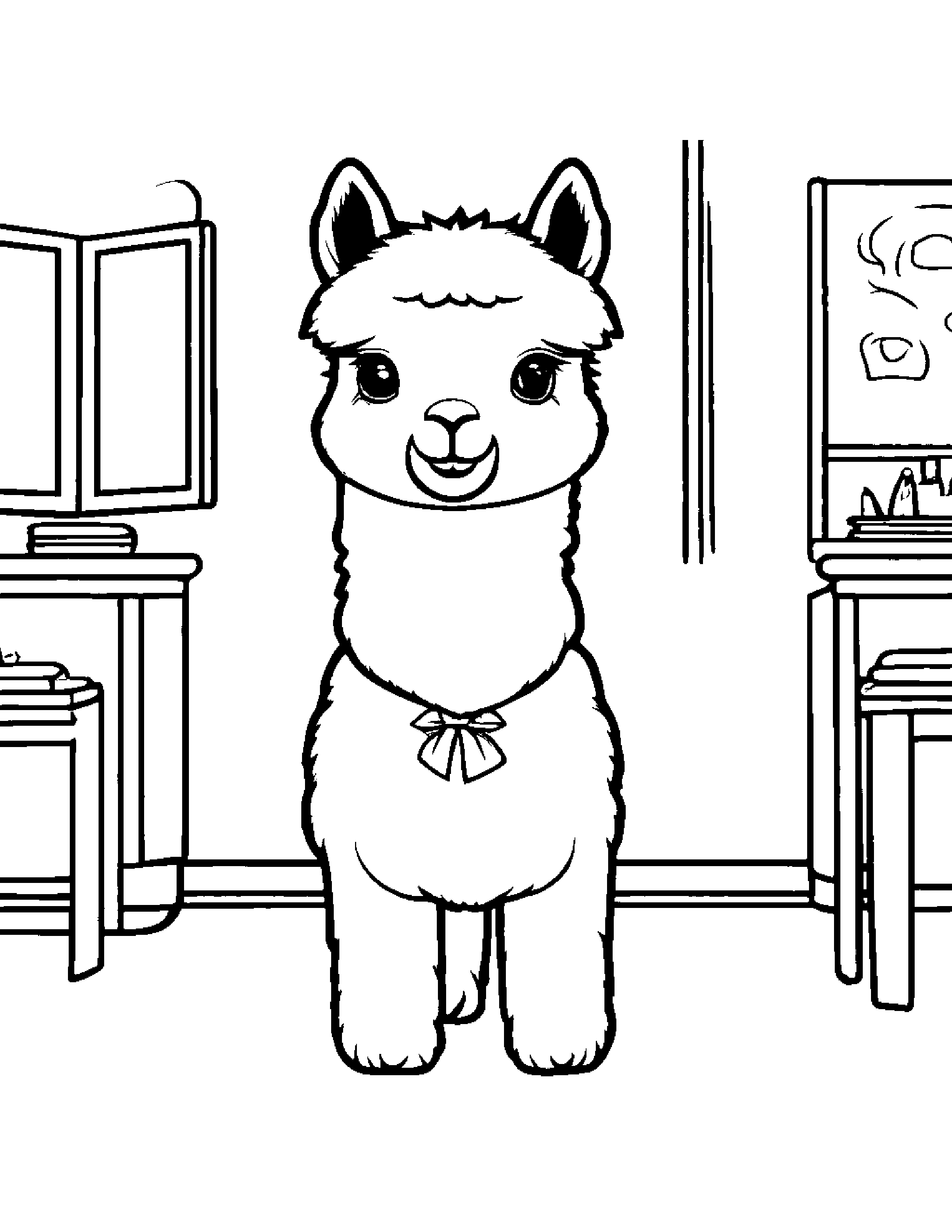 Alpaca With A Tiny Bow In A Classroom Corner Coloring Page (Free Printable PDF)