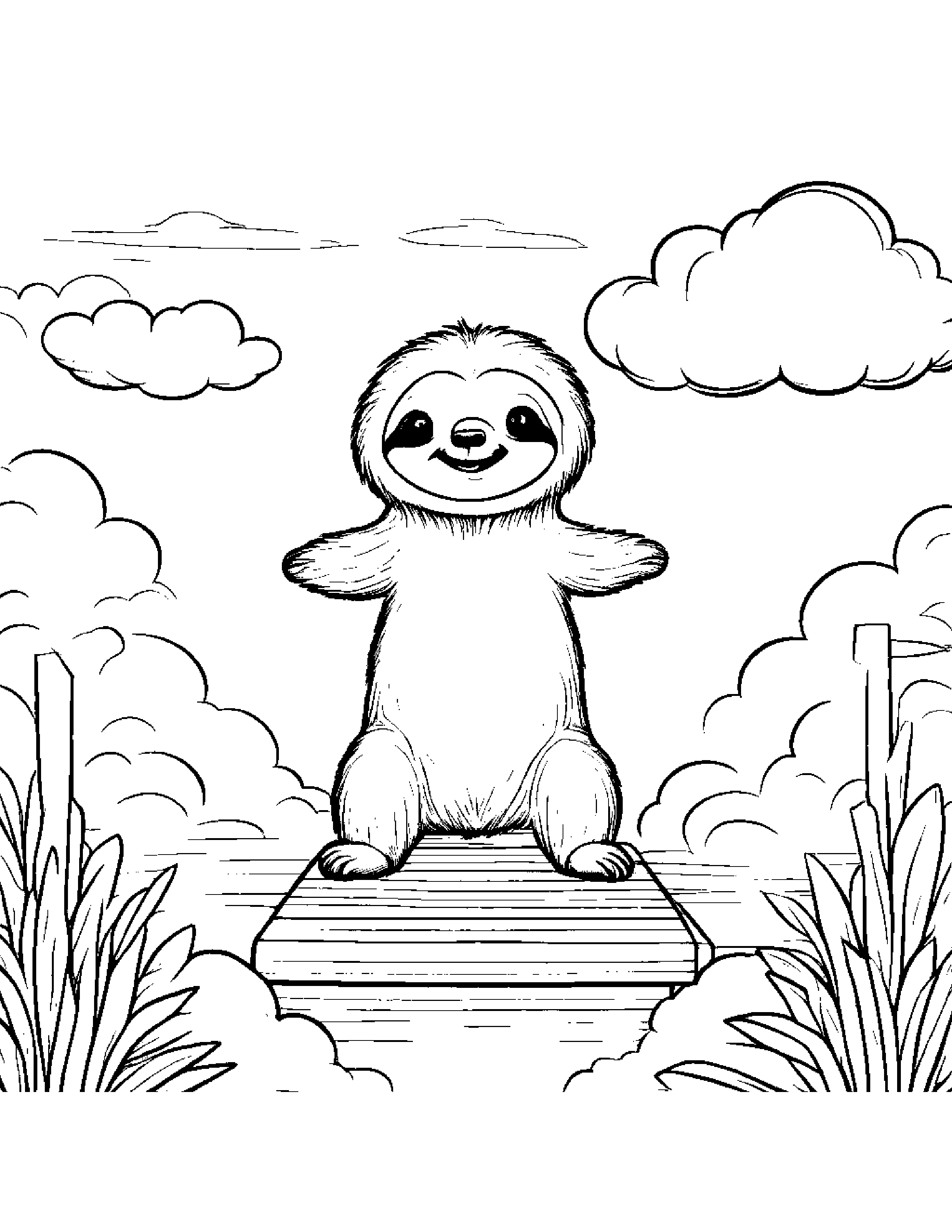 Cozy Sloth Playing Hopscotch On A Fluffy Cloud Coloring Page (Free Printable PDF)