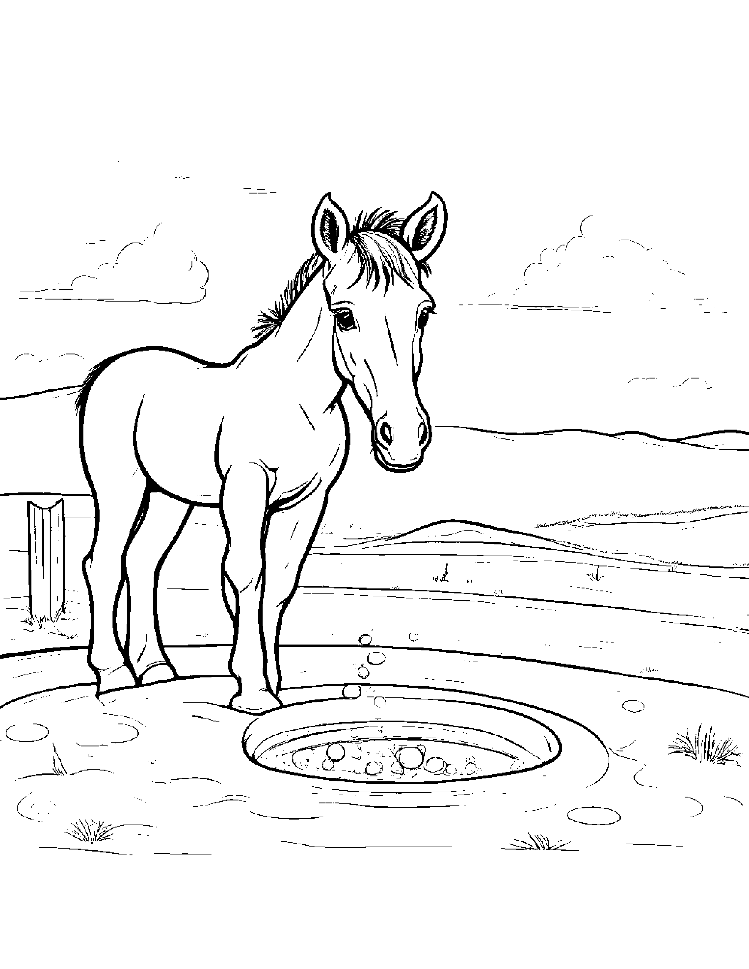 Curious Foal Blowing Bubbles Beside A Sandbox #2 Coloring Page (Free Printable PDF)