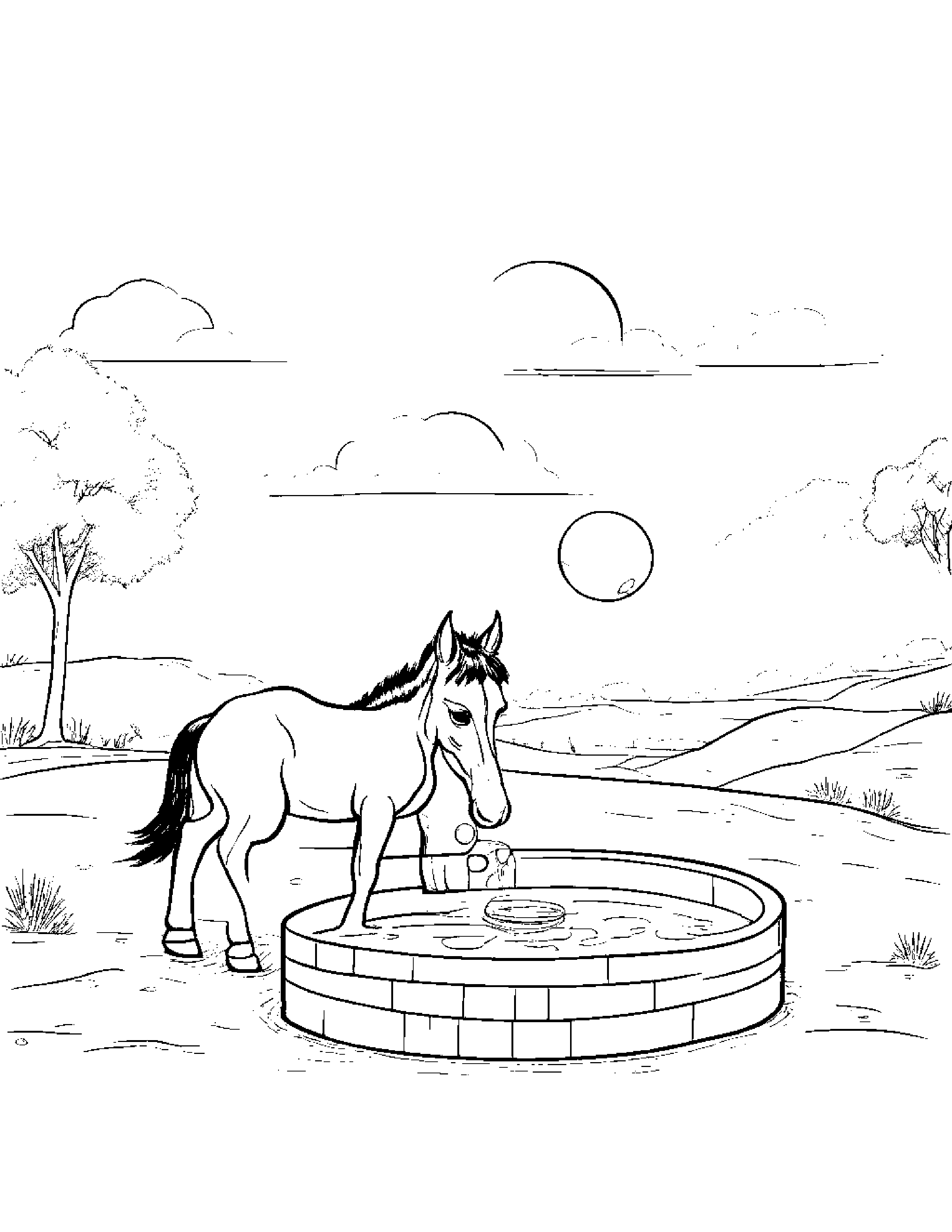 Curious Foal Blowing Bubbles Beside A Sandbox Coloring Page (Free Printable PDF)