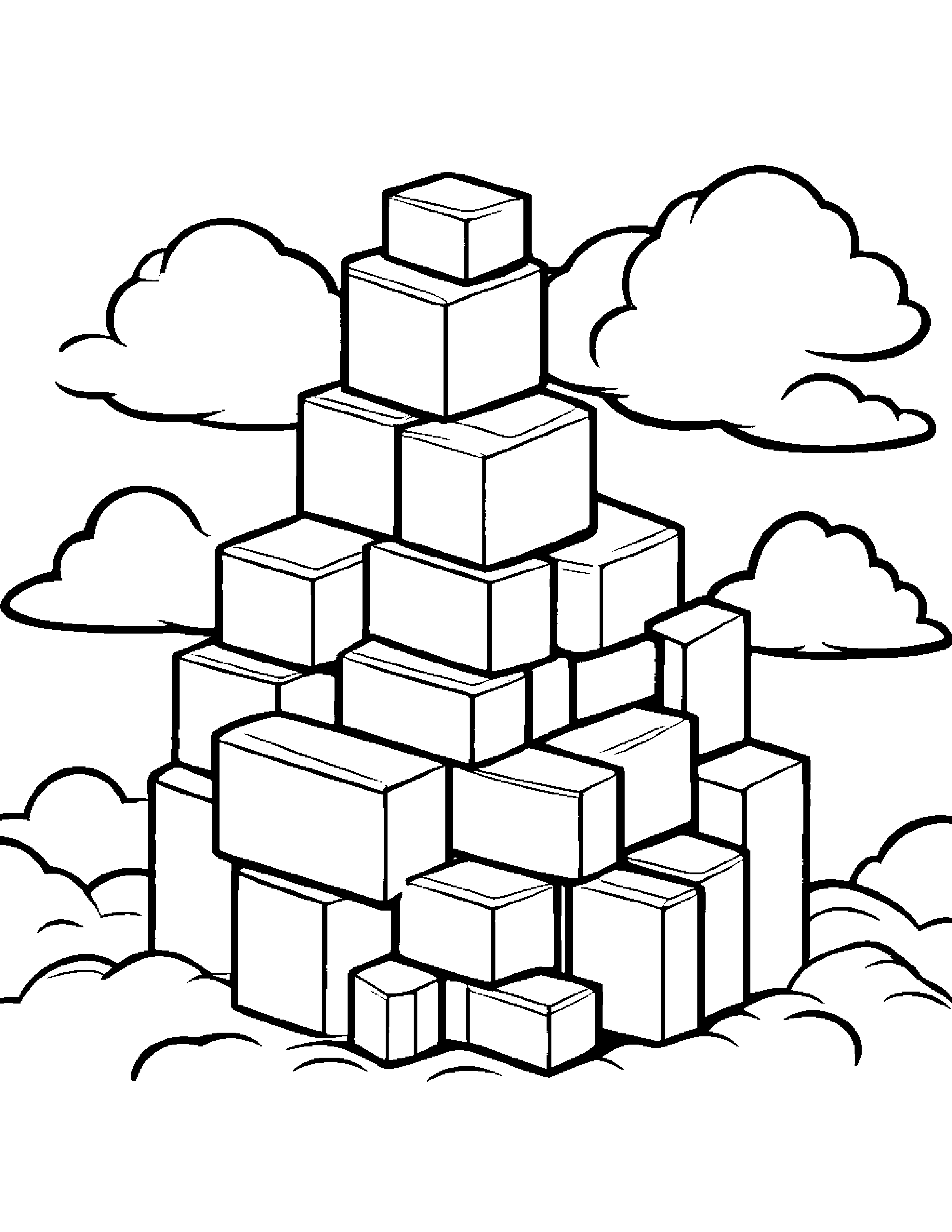 Happy Stack Of Blocks On A Fluffy Cloud #4 Coloring Page (Free Printable PDF)