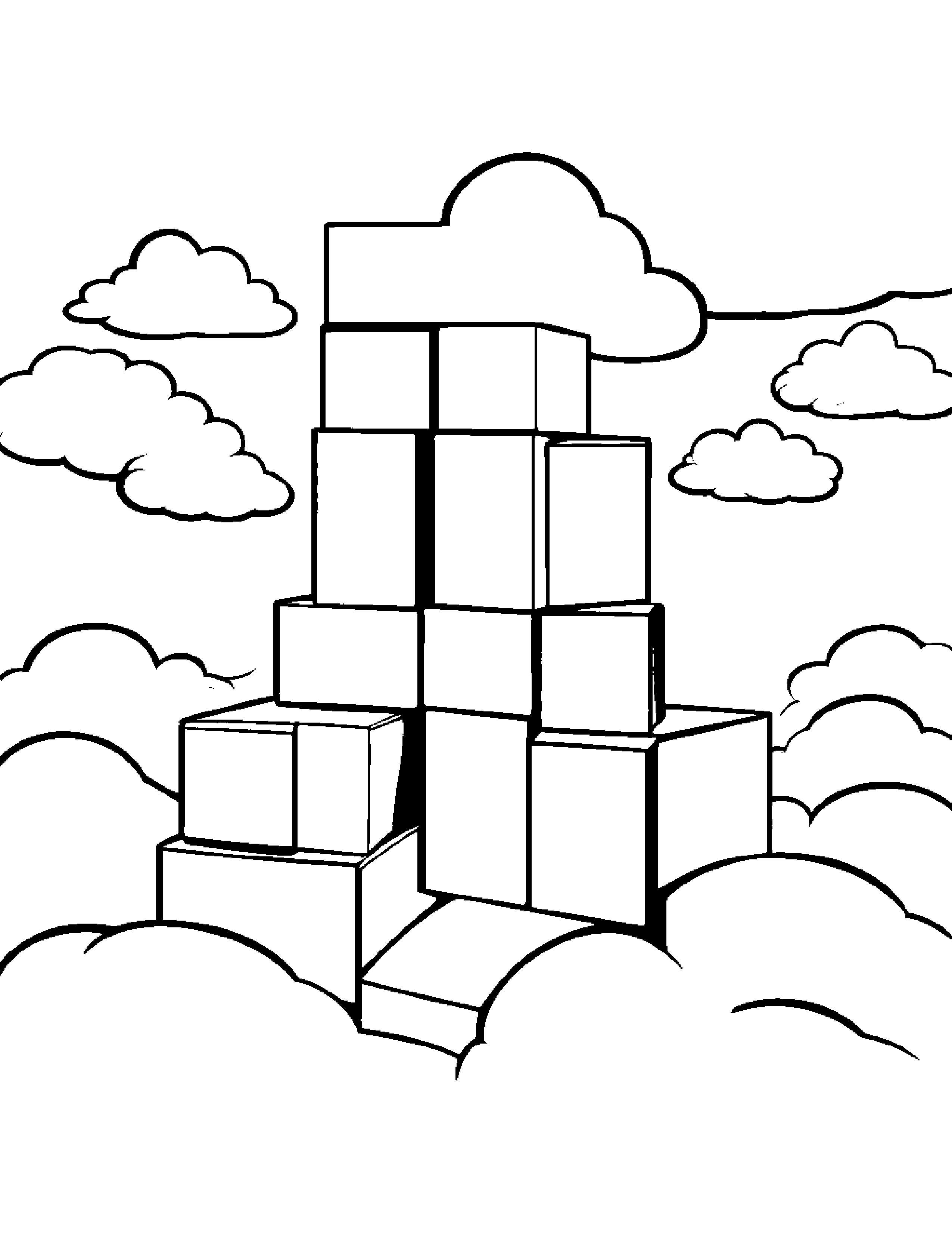 Happy Stack Of Blocks On A Fluffy Cloud #5 Coloring Page (Free Printable PDF)