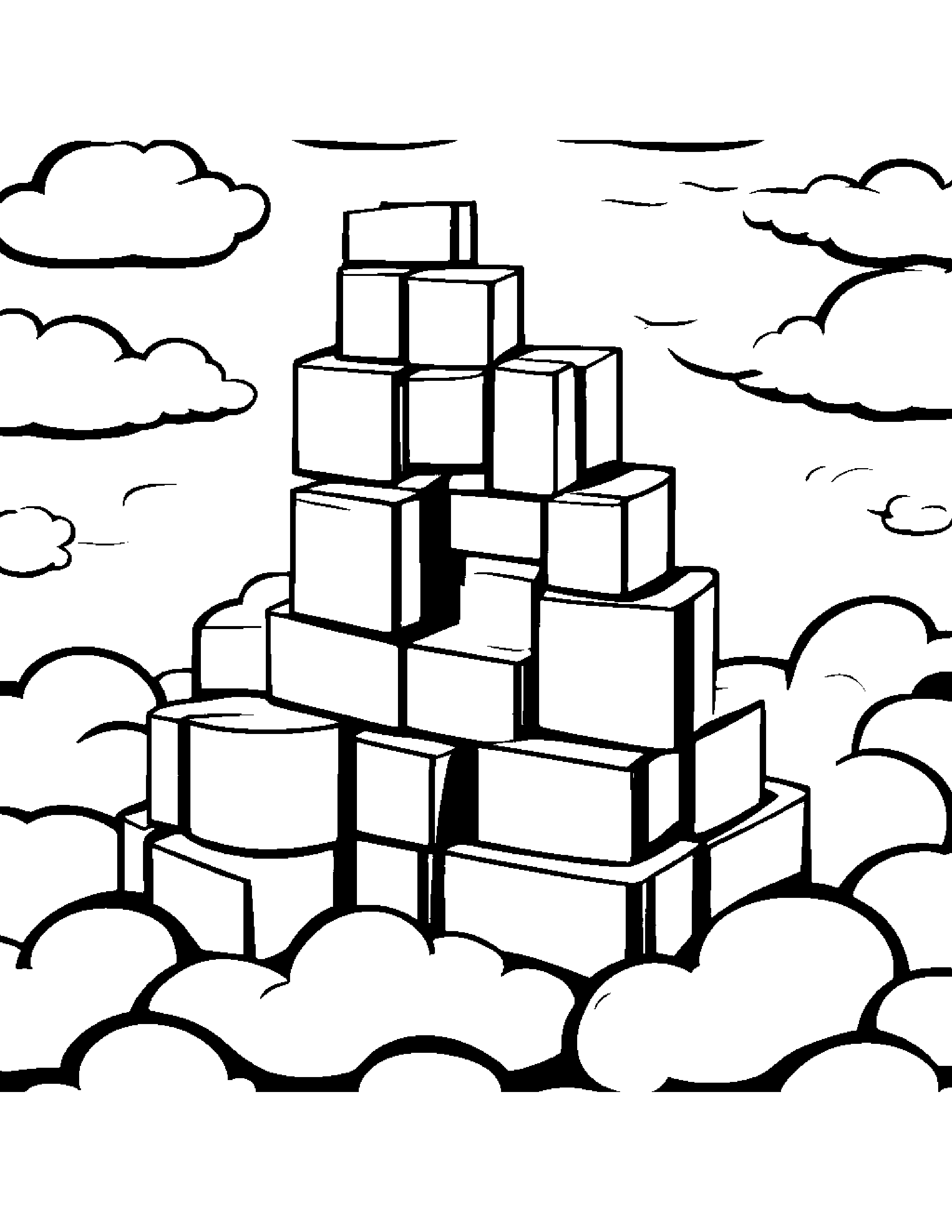 Happy Stack Of Blocks On A Fluffy Cloud Coloring Page (Free Printable PDF)