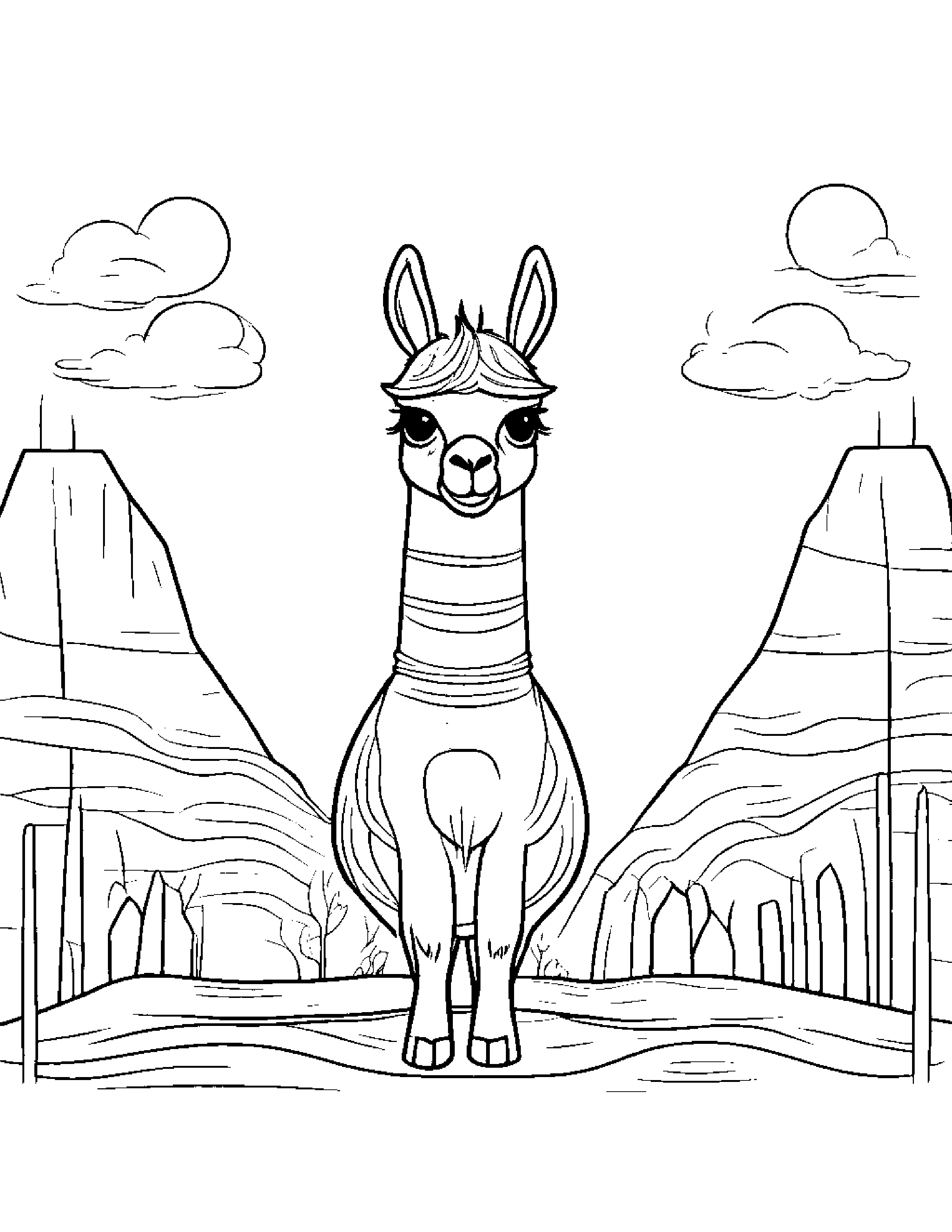 Kind Llama Practicing Shapes Coloring Page (Free Printable PDF)