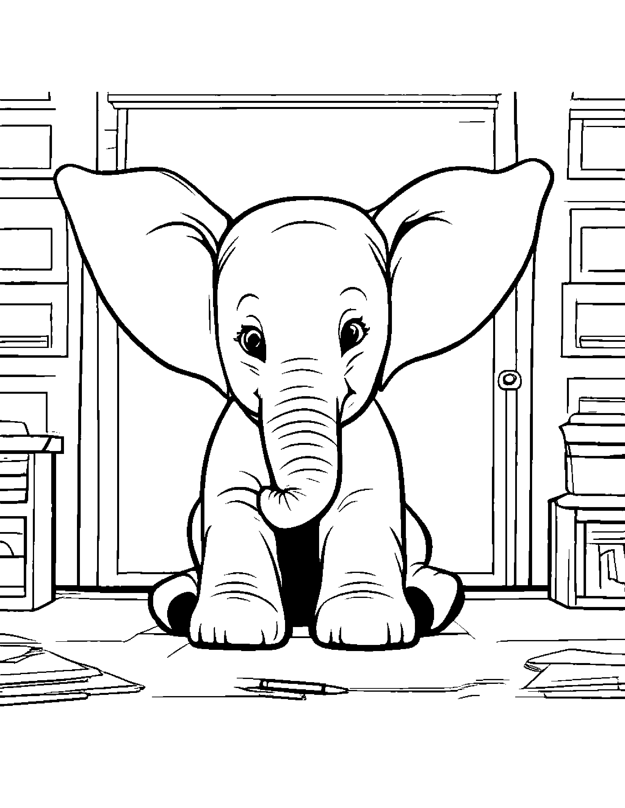 Merry Elephant Calf Practicing Shapes In A Classroom Corner #2 Coloring Page (Free Printable PDF)