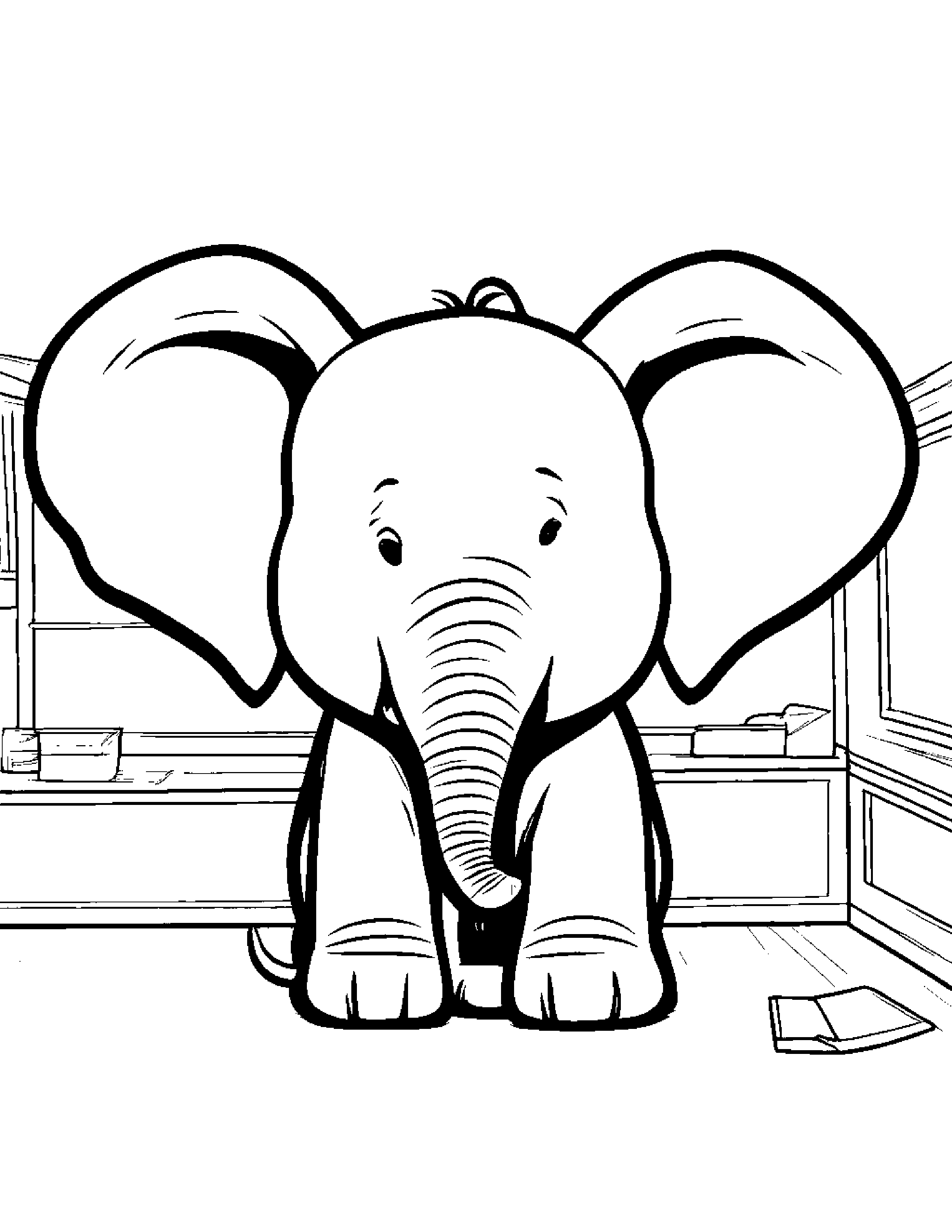 Merry Elephant Calf Practicing Shapes In A Classroom Corner #5 Coloring Page (Free Printable PDF)