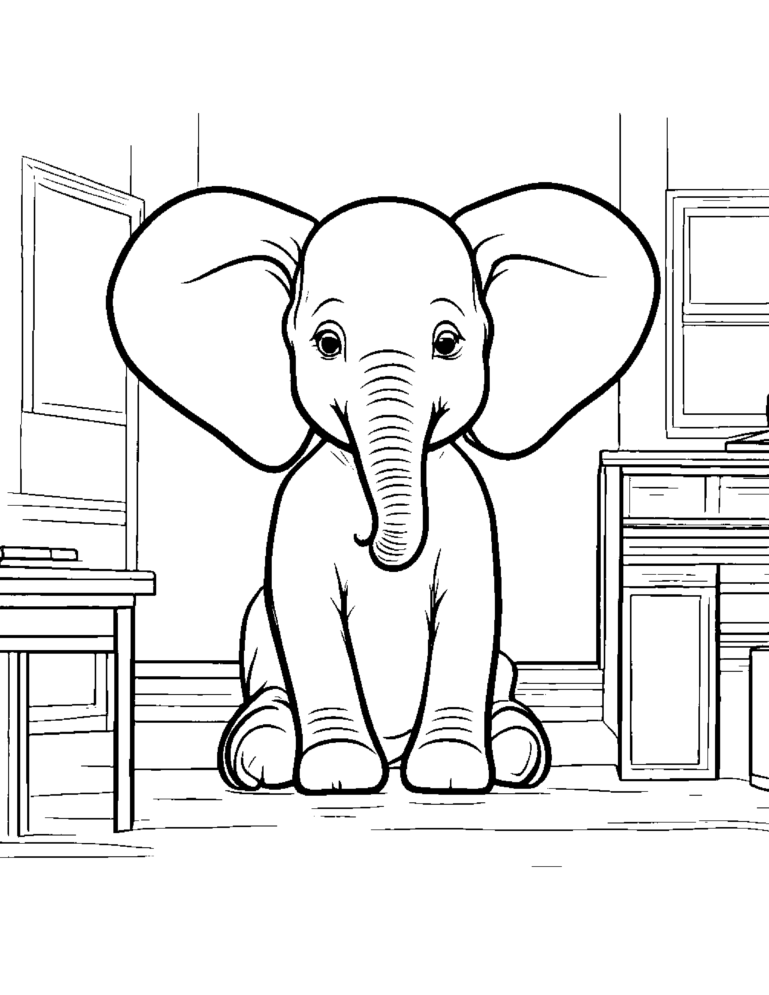 Merry Elephant Calf Practicing Shapes In A Classroom Corner Coloring Page (Free Printable PDF)