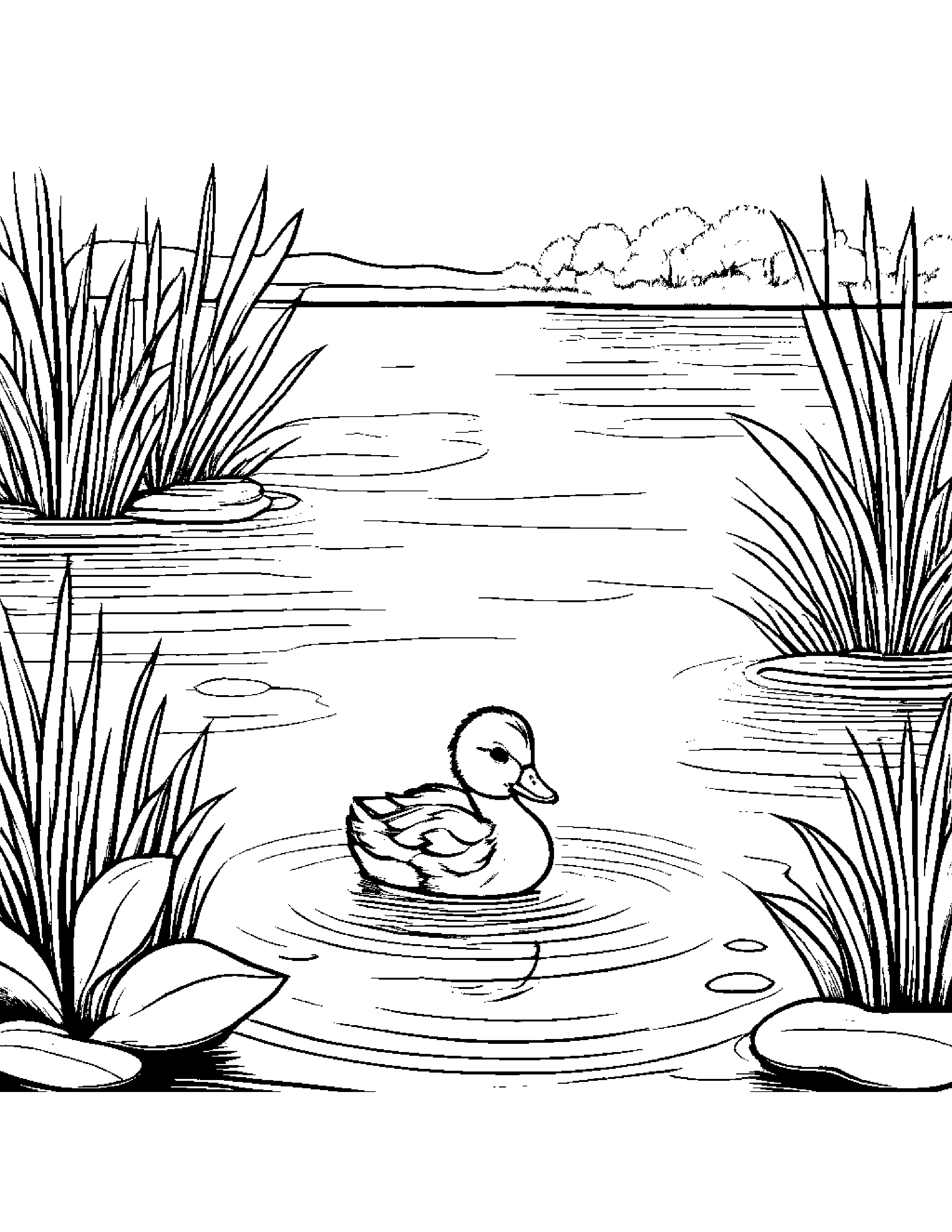 Shy Duckling Counting Near A Gentle Stream #2 Coloring Page (Free Printable PDF)