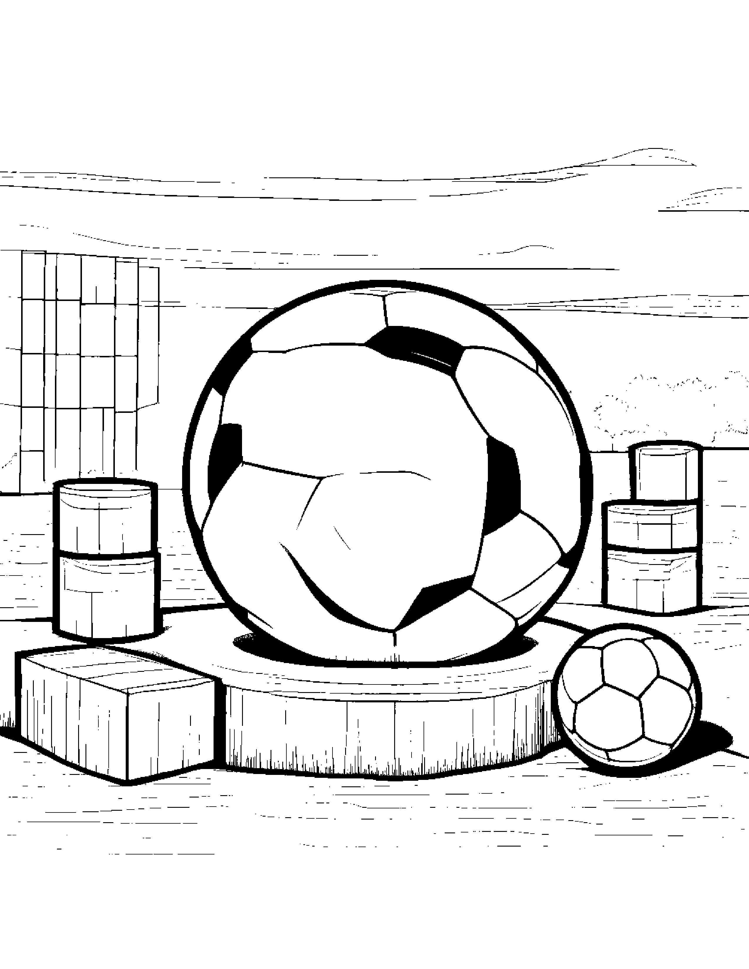 Soccer Ball Stacking Blocks Beside A Sandbox Coloring Page (Free Printable PDF)