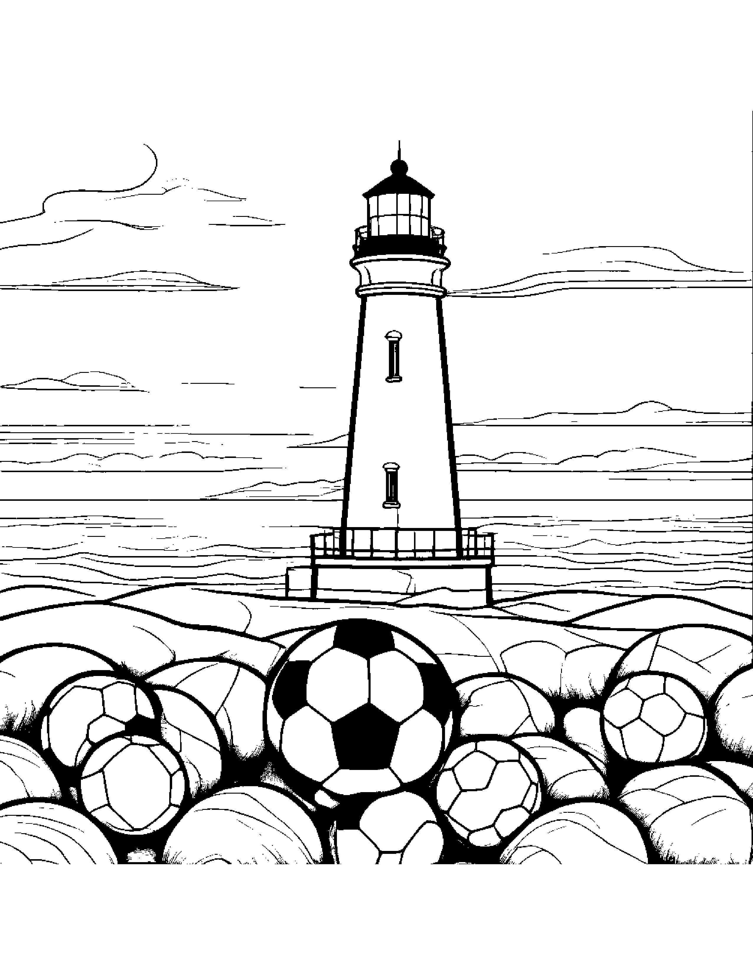 Soccer Ball Stacking Blocks Near A Lighthouse #2 Coloring Page (Free Printable PDF)