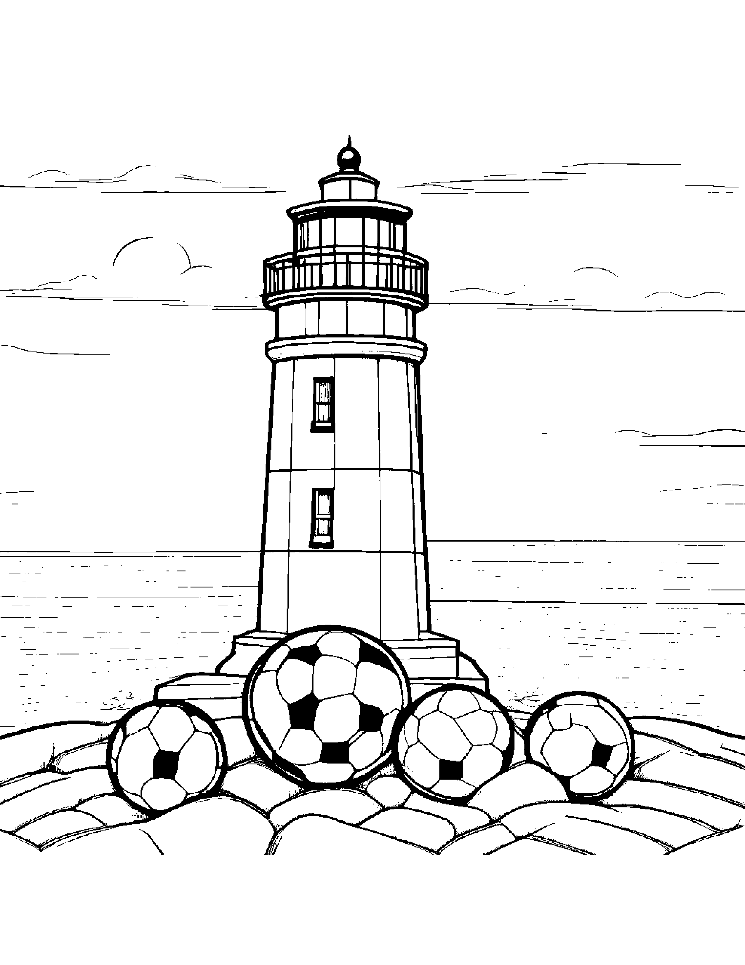 Soccer Ball Stacking Blocks Near A Lighthouse Coloring Page (Free Printable PDF)