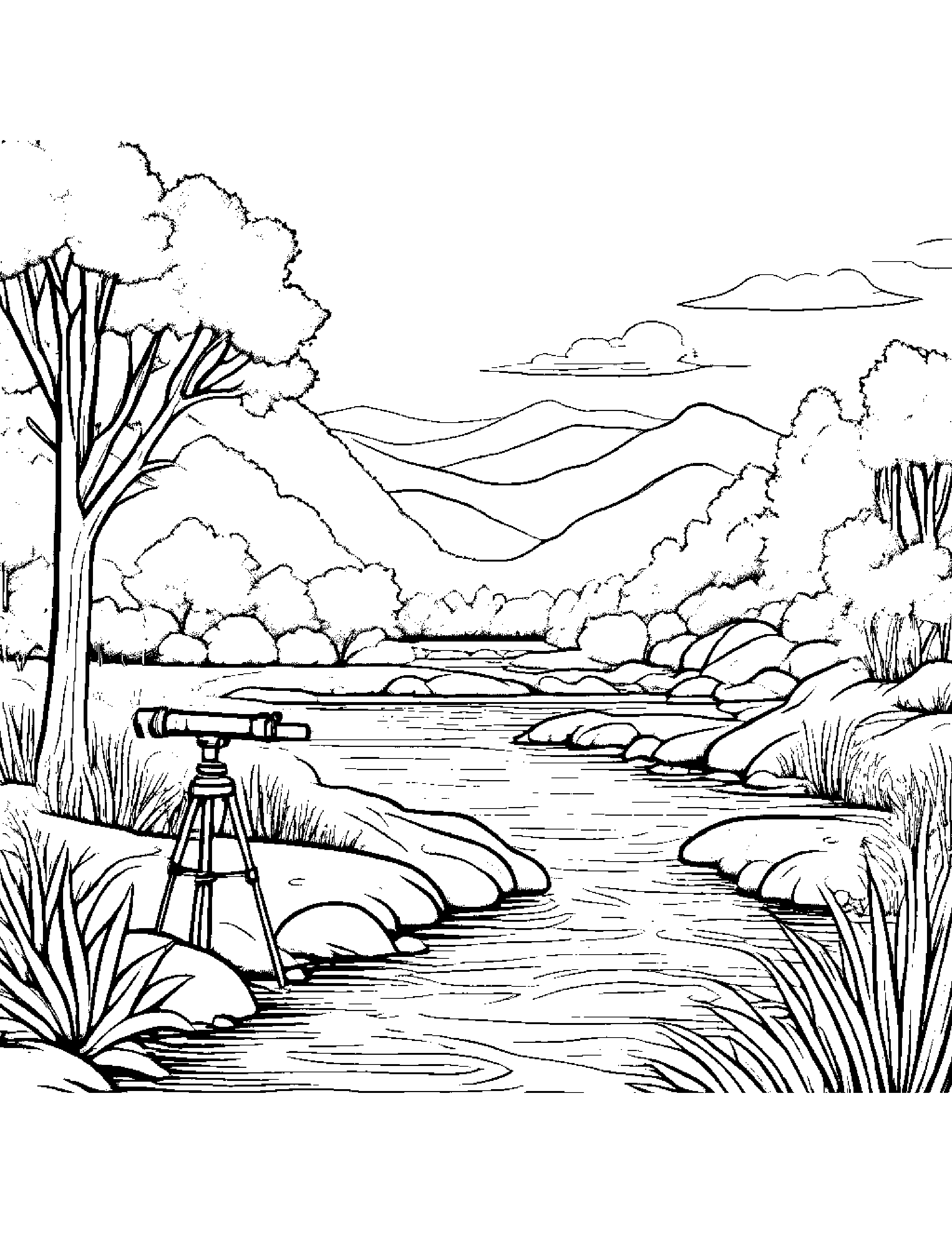 Telescope Counting Near A Gentle Stream #2 Coloring Page (Free Printable PDF)