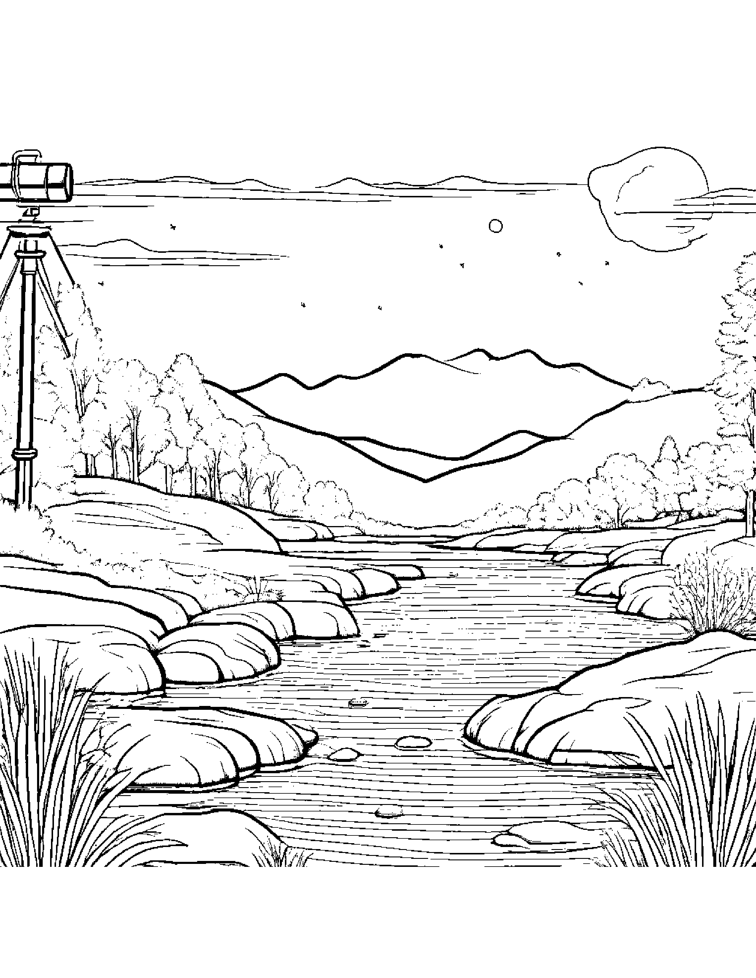 Telescope Counting Near A Gentle Stream #3 Coloring Page (Free Printable PDF)