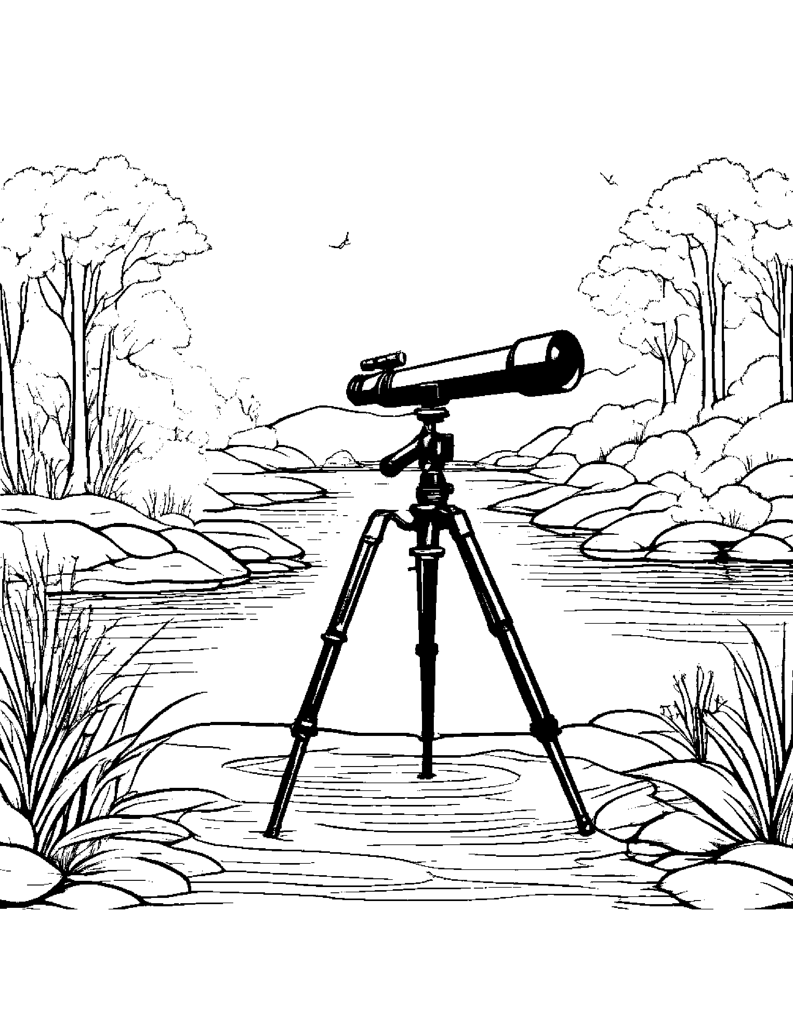Telescope Counting Near A Gentle Stream #4 Coloring Page (Free Printable PDF)