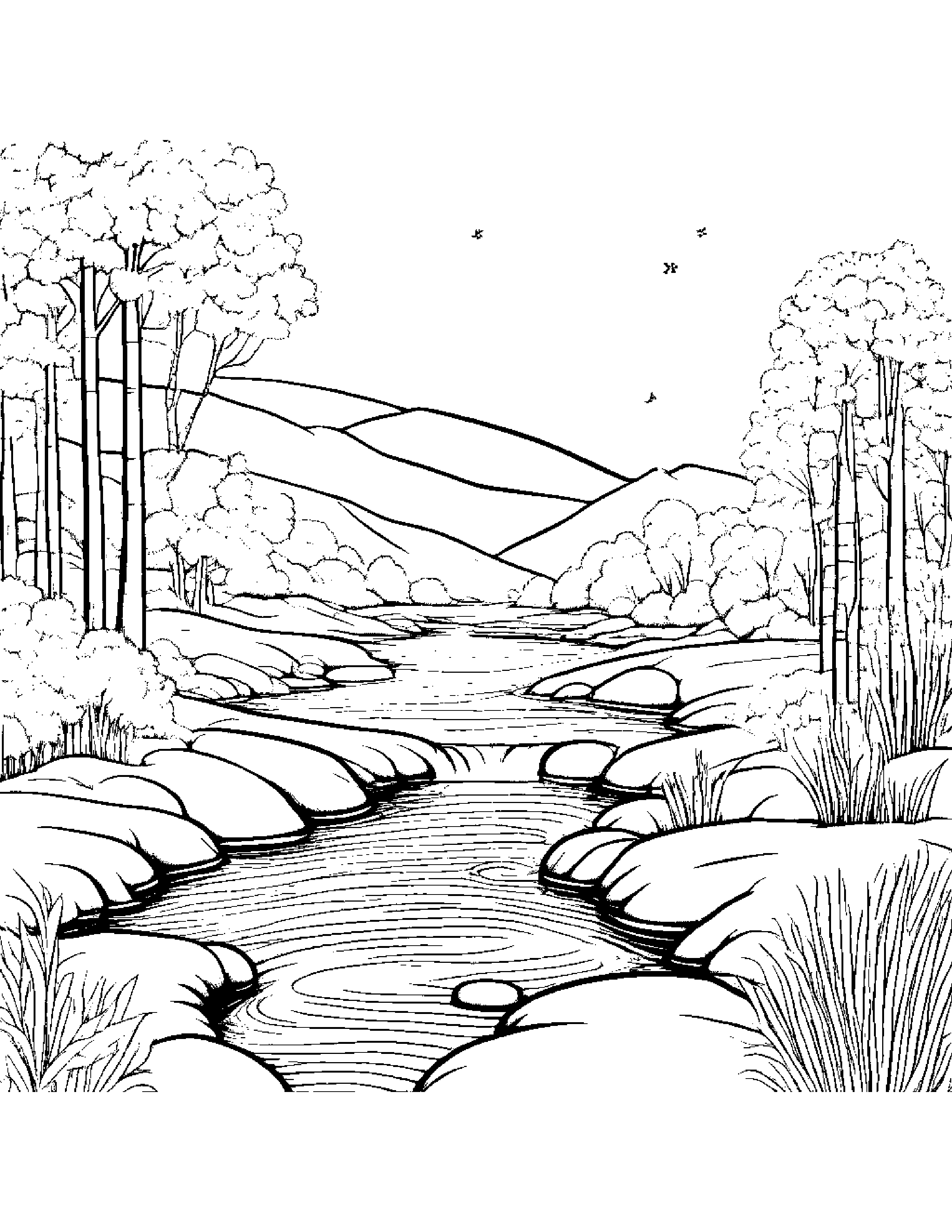 Telescope Counting Near A Gentle Stream #5 Coloring Page (Free Printable PDF)