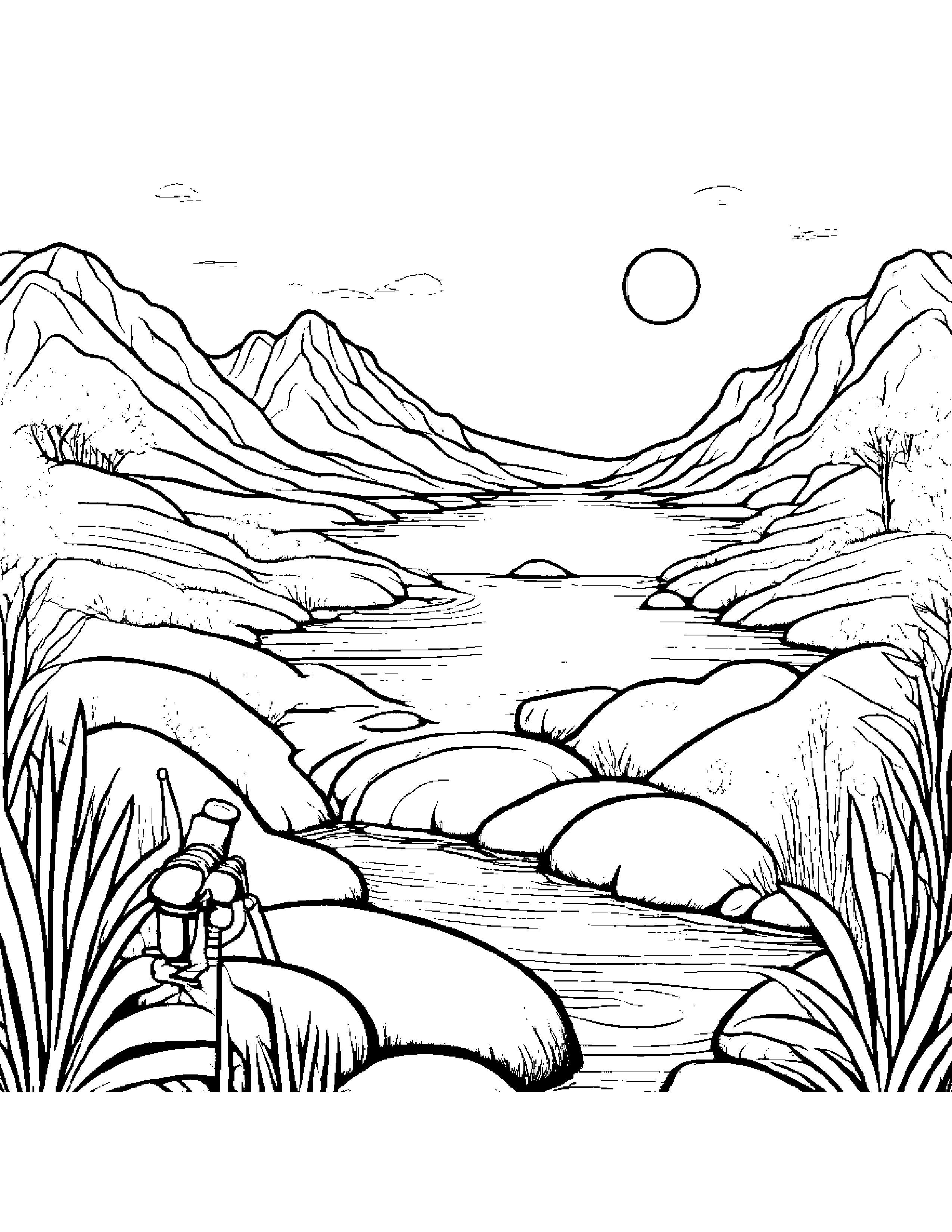 Telescope Counting Near A Gentle Stream Coloring Page (Free Printable PDF)