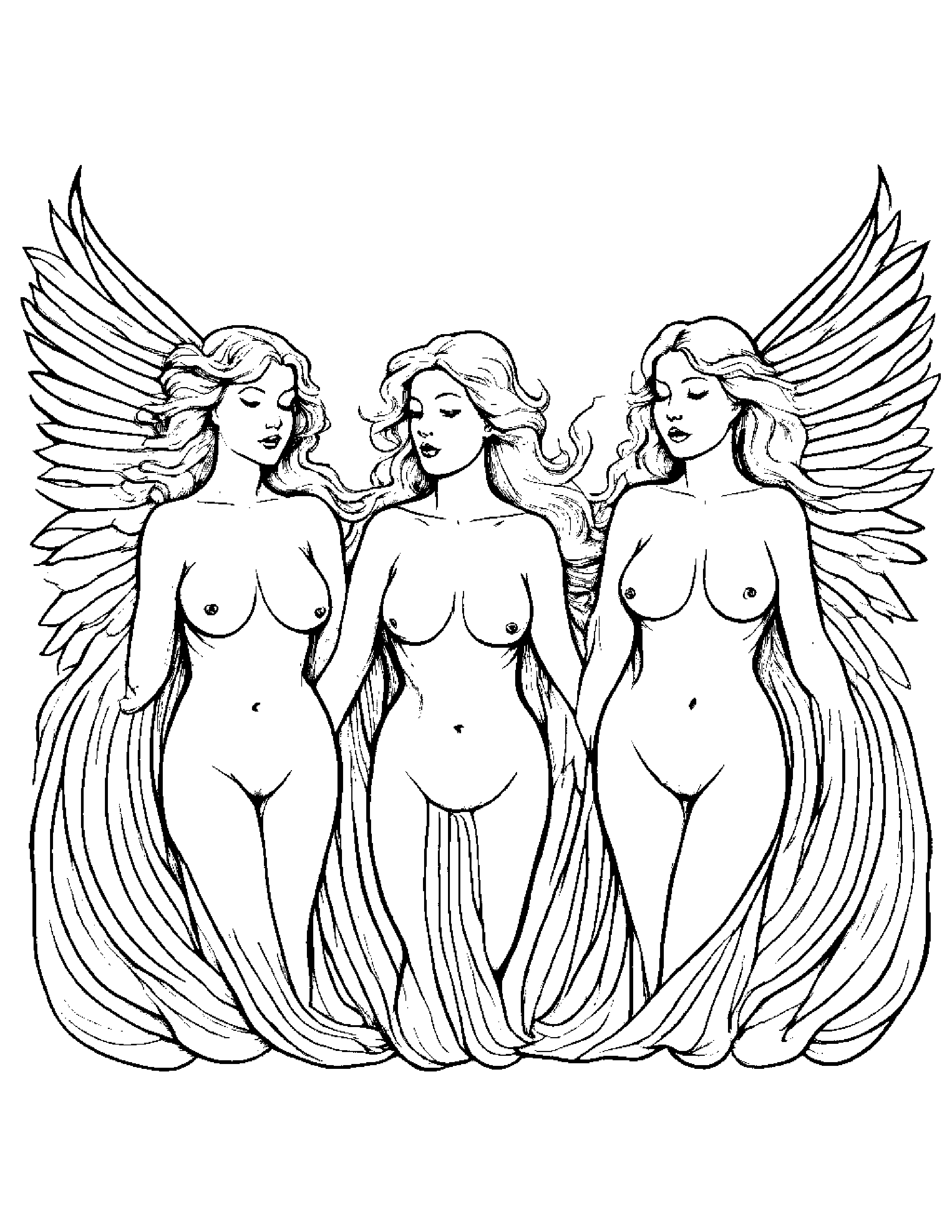 A Trio Of Winged Sirens Singing A Haunting Melody That Hypnotizes Sailors To Their Doom, Their Ethereal Beauty Irresistible To All Who Hear Them Coloring Page (Free Printable PDF)