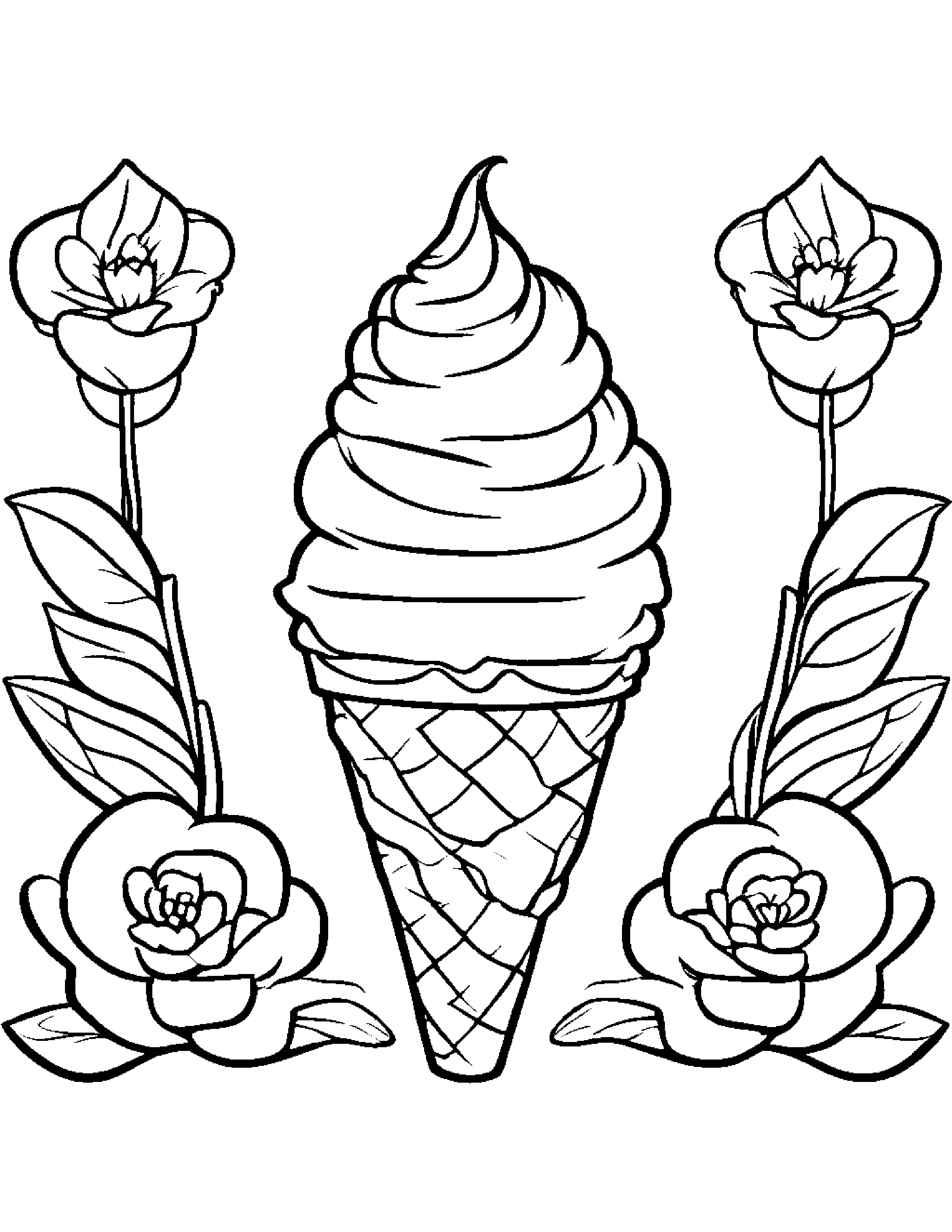 Ice Cream Cone With A Flower Coloring Page (Free Printable PDF)