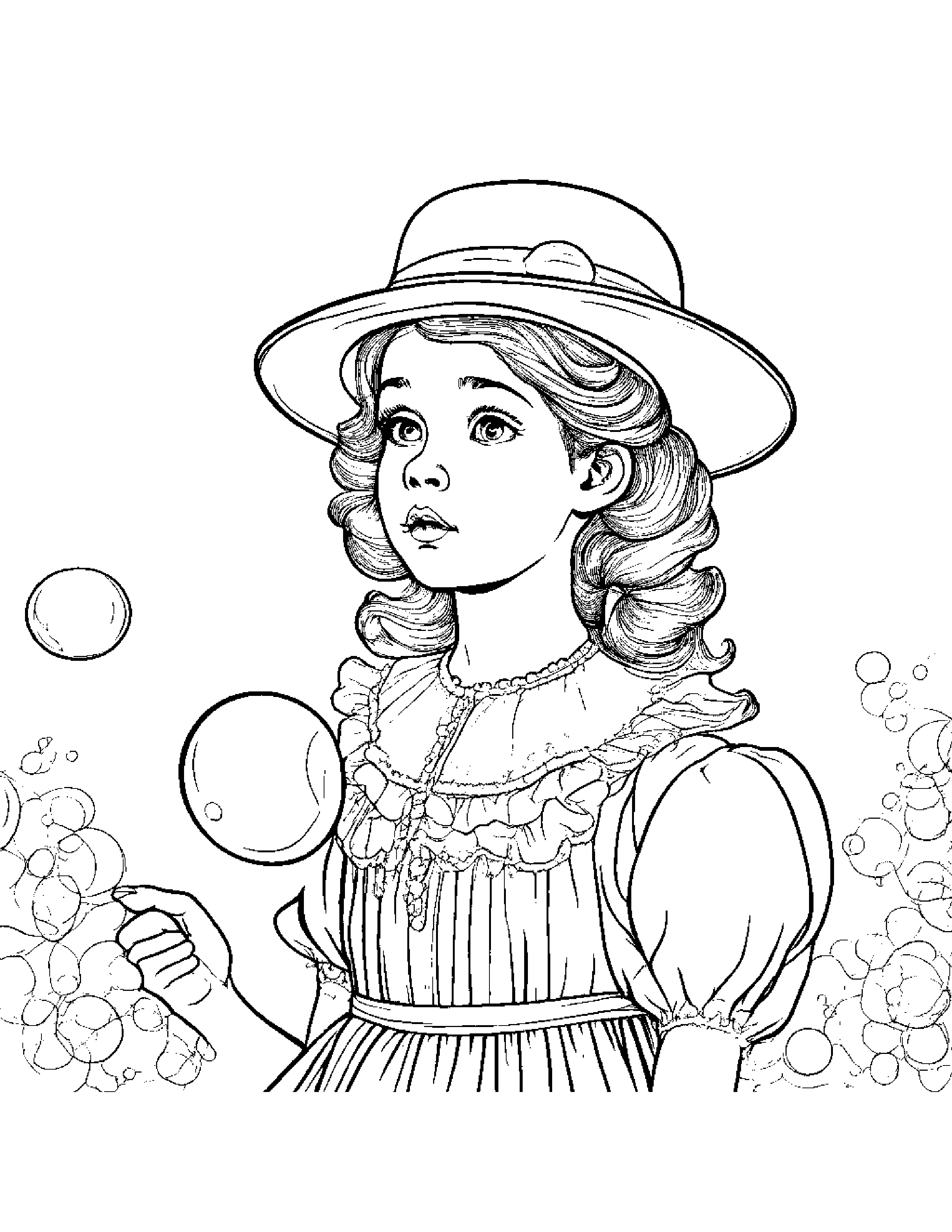 A Girl Blowing Soap Bubble Bubbles While Wearing A Victorian Dress And Hat Coloring Page (Free Printable PDF)