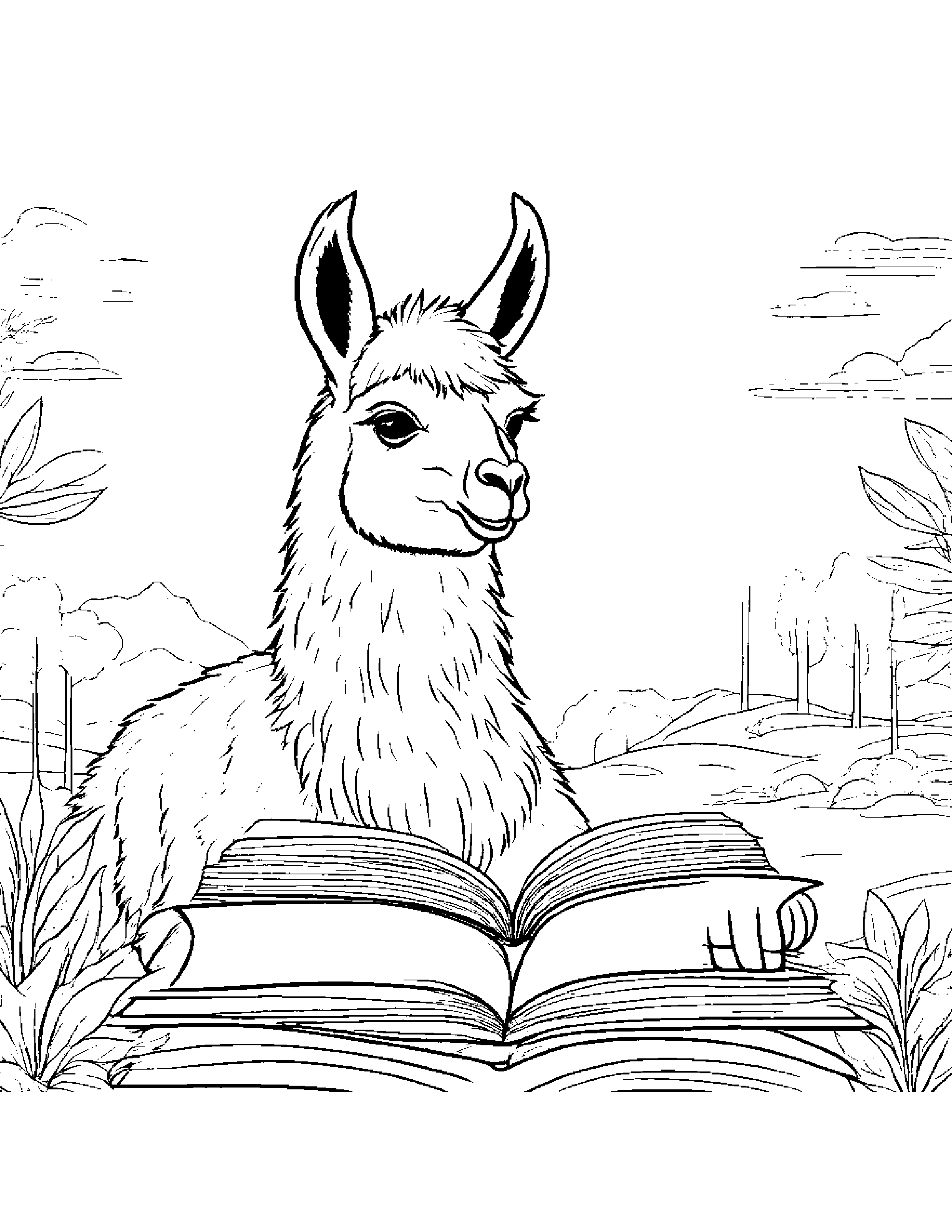 Llama Reading A Book Coloring Page (Free Printable PDF)