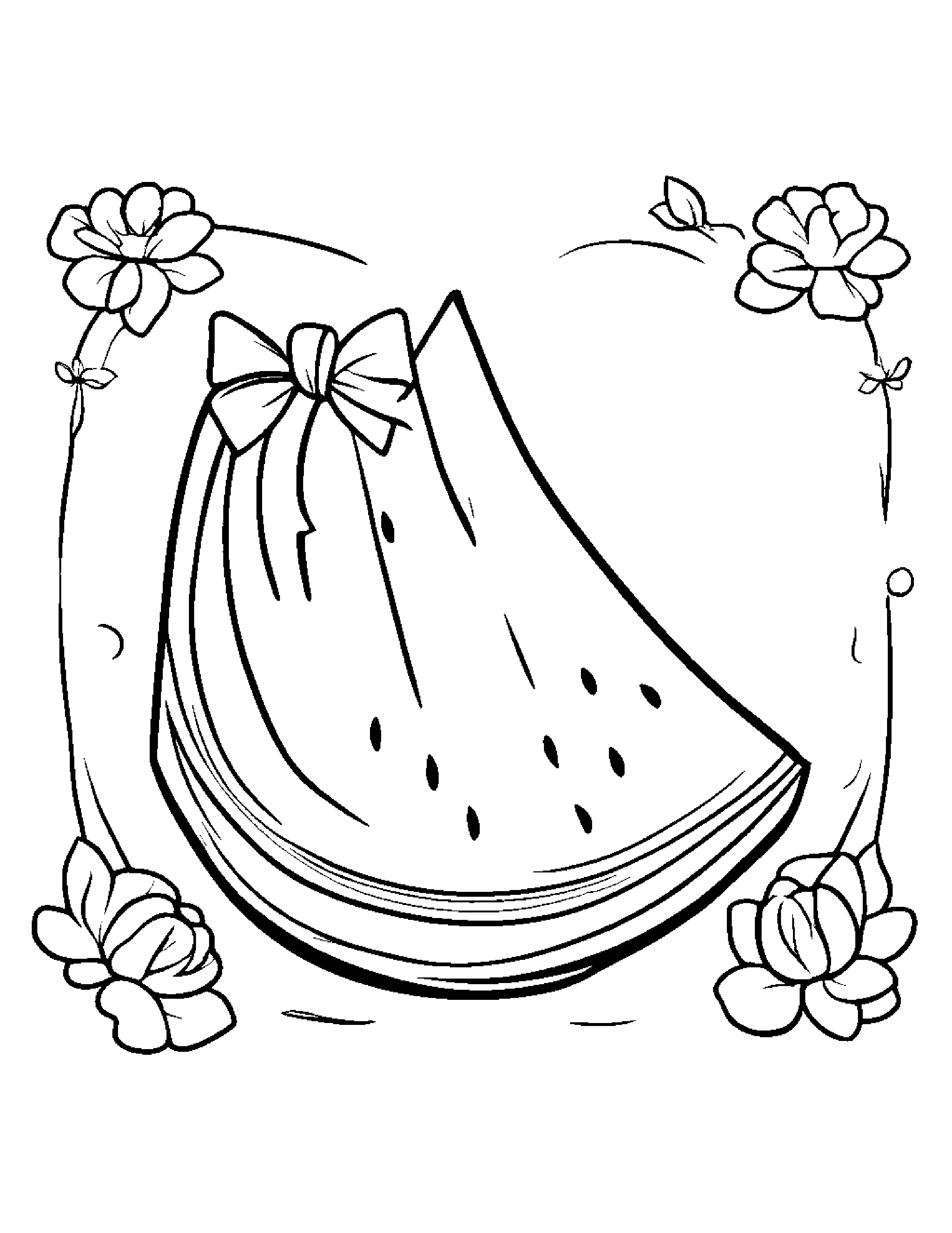 Watermelon Slice With A Bow Coloring Page (Free Printable PDF)