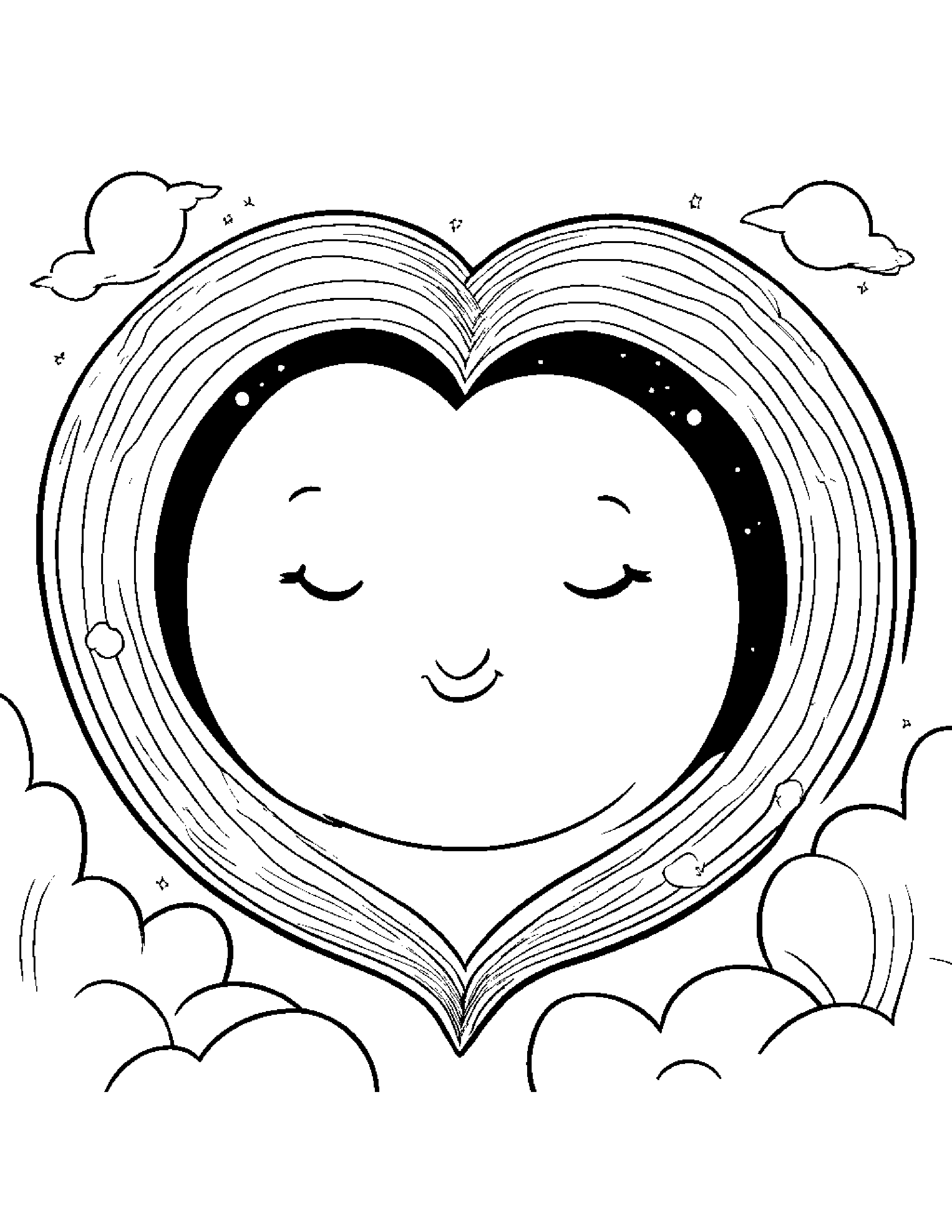 Smiling Moon Hugging A Heart Coloring Page (Free Printable PDF)