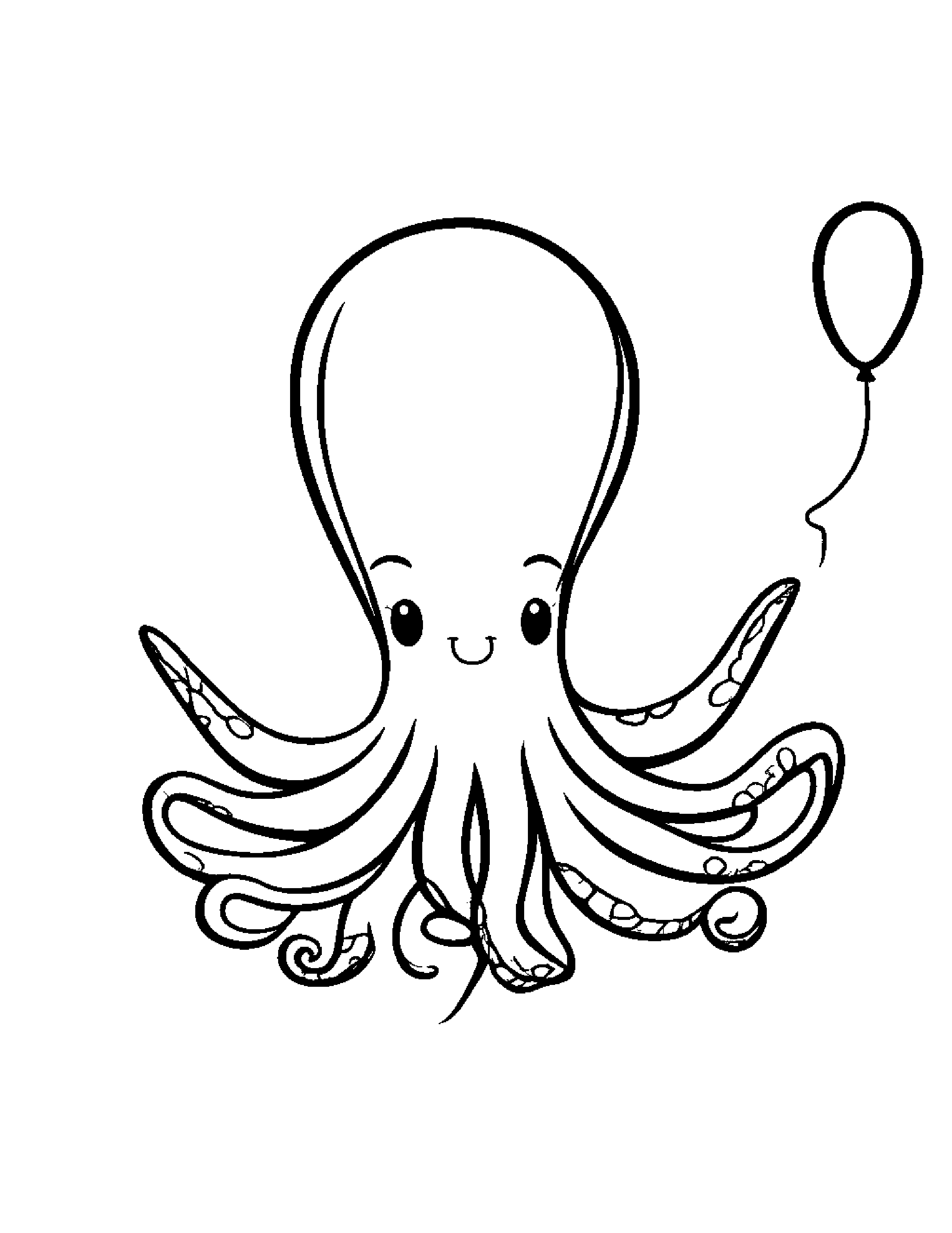 Kawaii Octopus With Balloon #2 Coloring Page (Free Printable PDF)