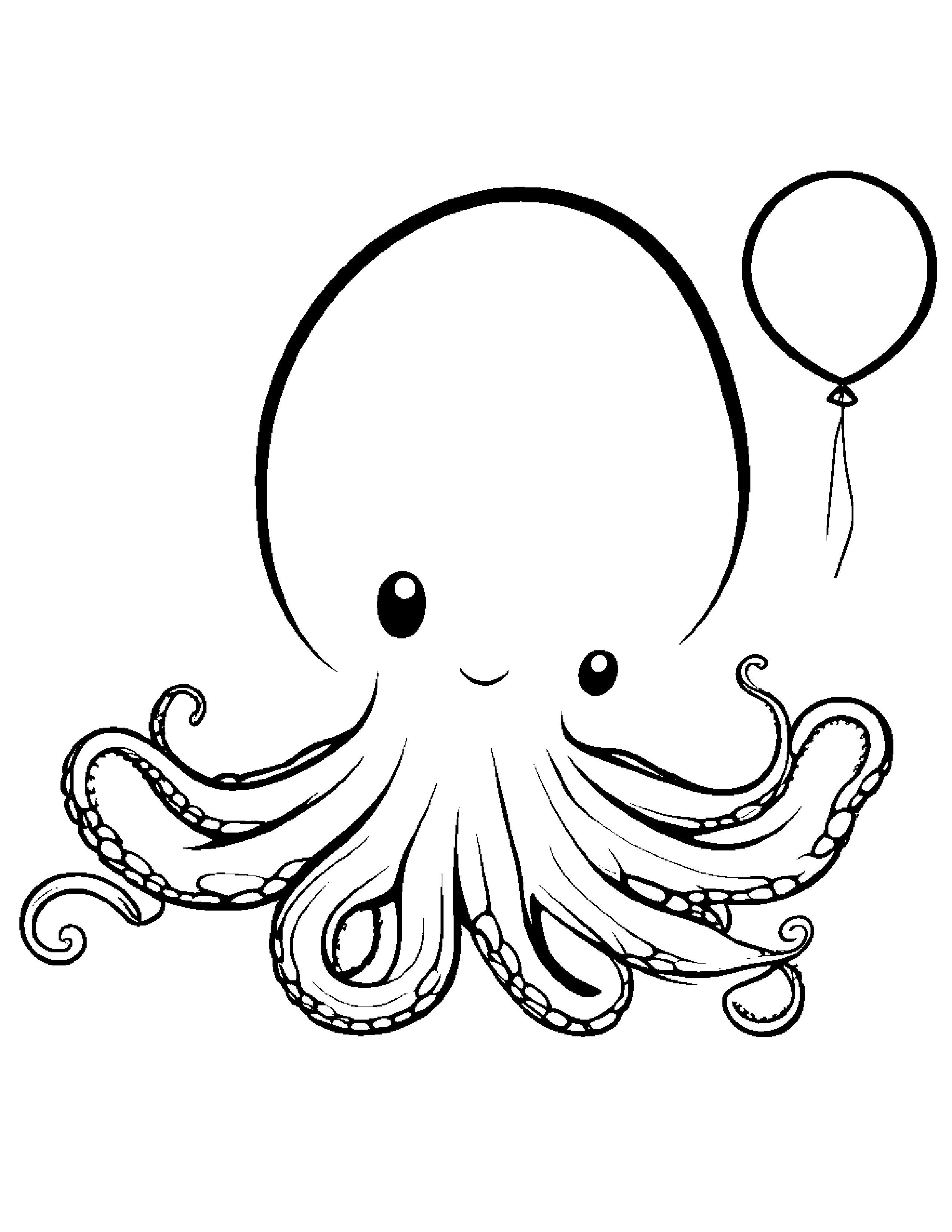 Kawaii Octopus With Balloon Coloring Page (Free Printable PDF)