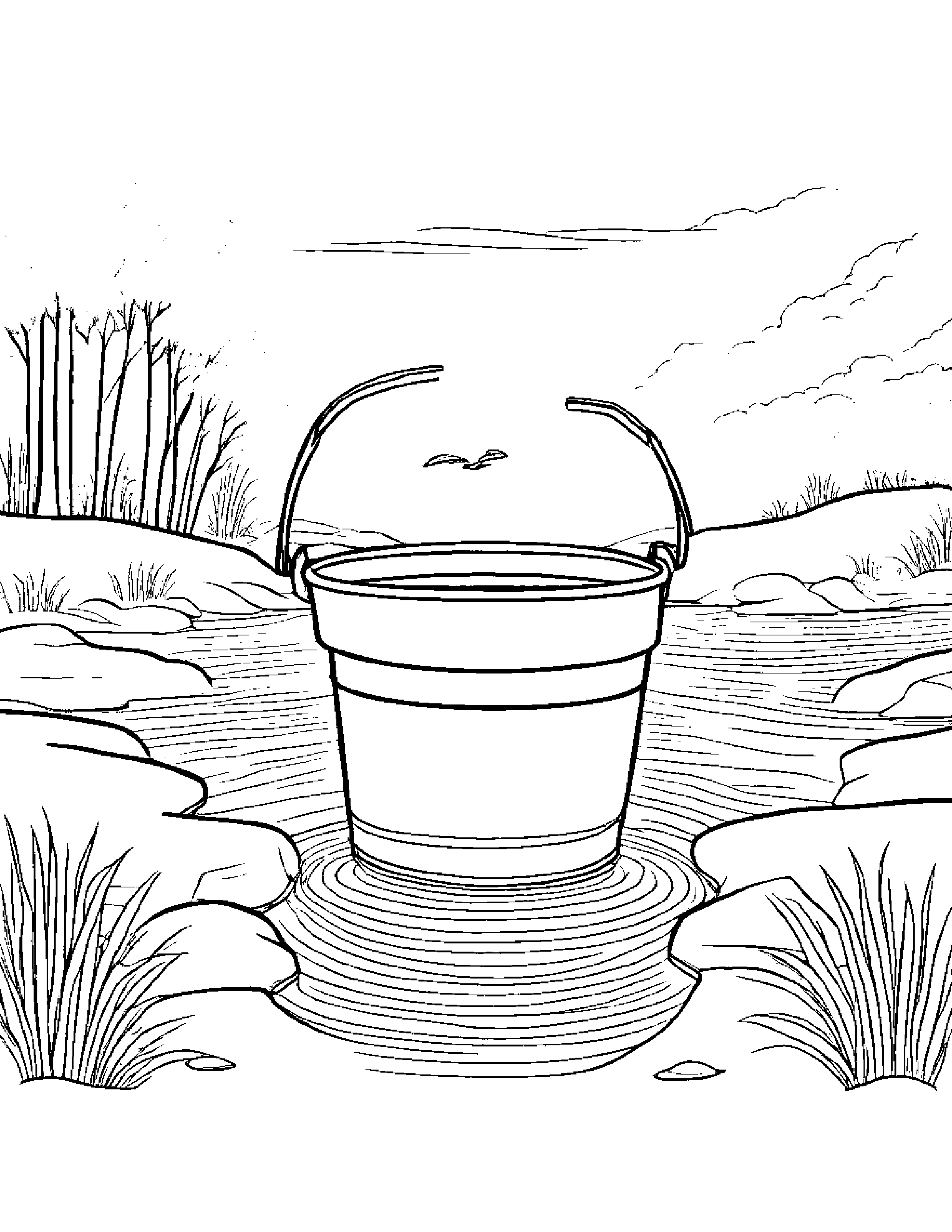 Bright Sand Bucket Near A Gentle Stream #2 Coloring Page (Free Printable PDF)