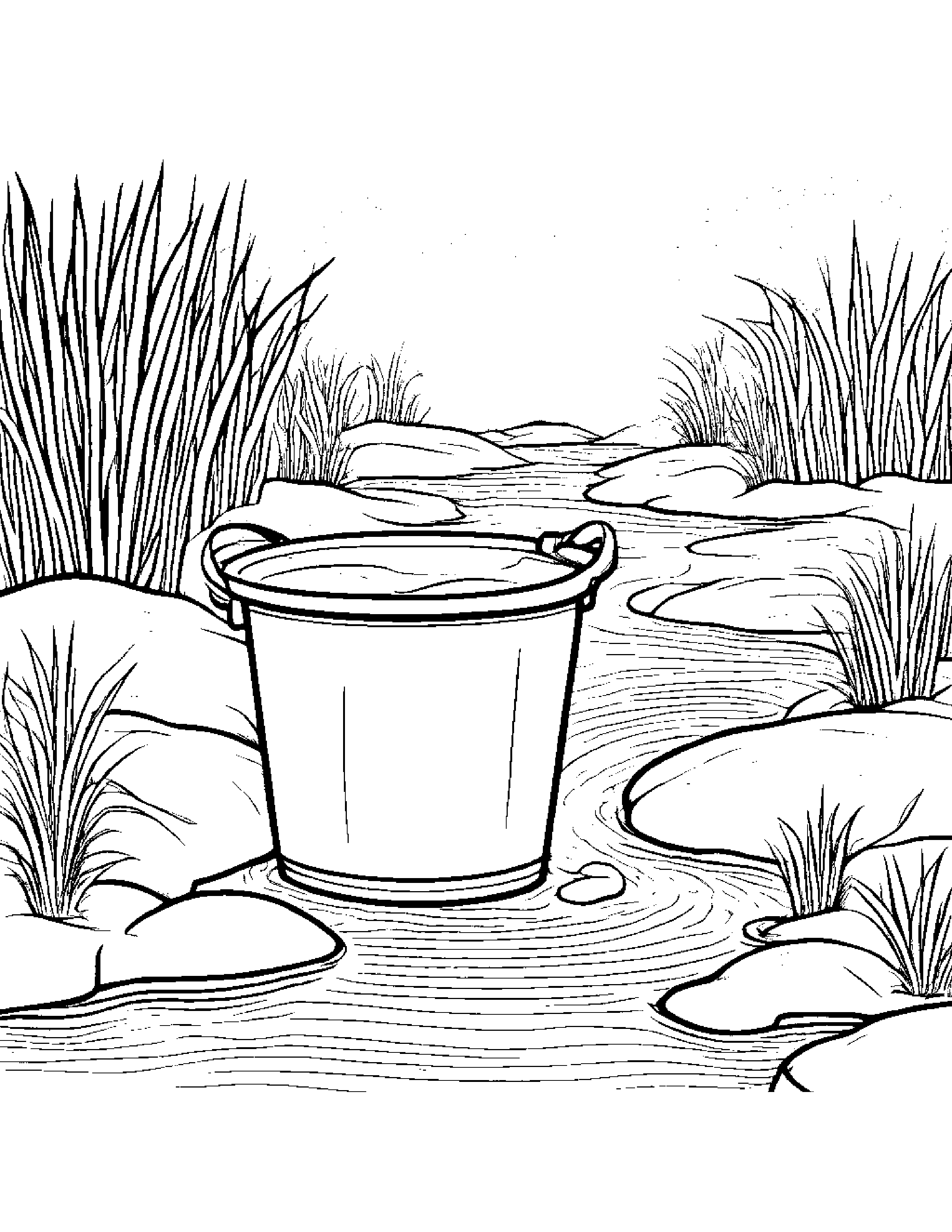 Bright Sand Bucket Near A Gentle Stream #3 Coloring Page (Free Printable PDF)