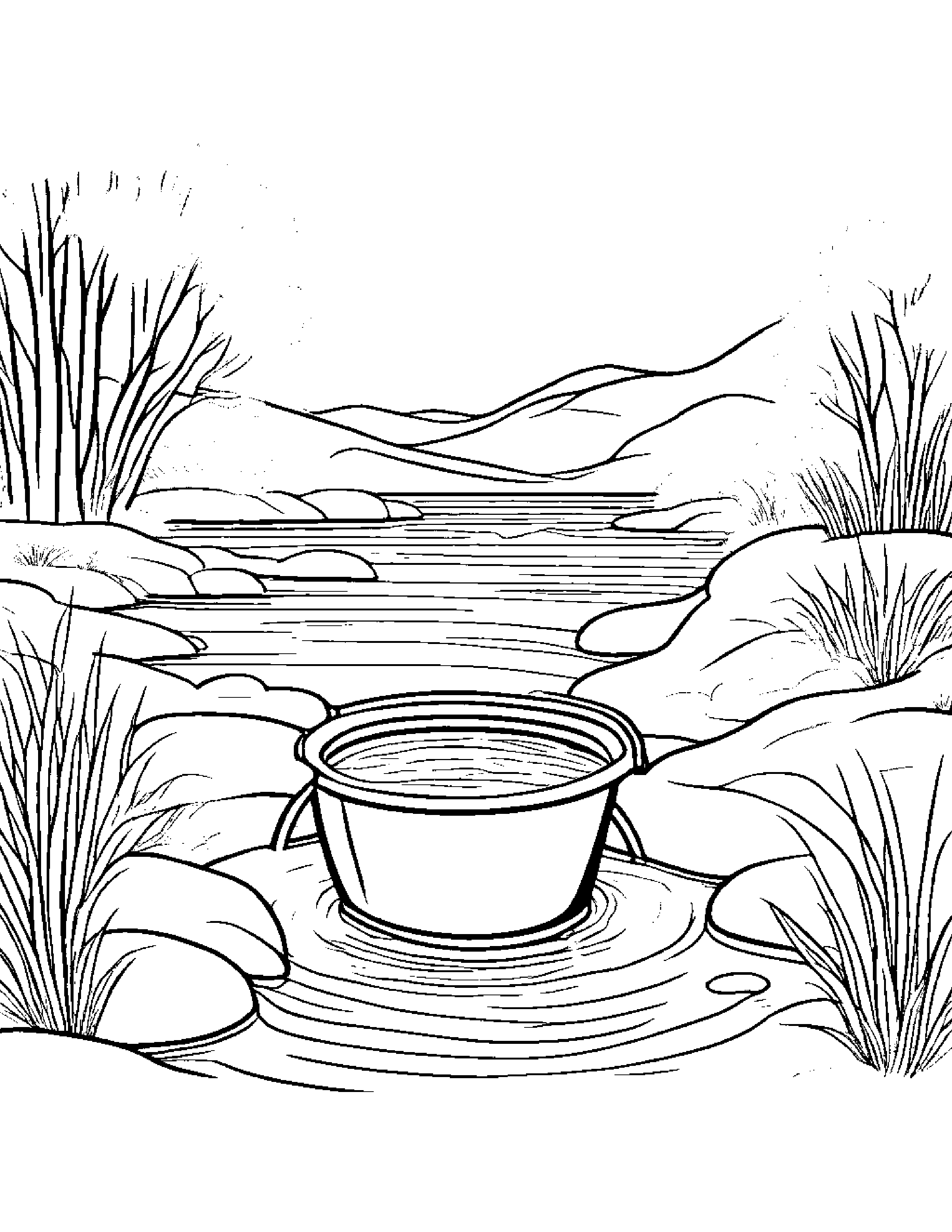 Bright Sand Bucket Near A Gentle Stream Coloring Page (Free Printable PDF)