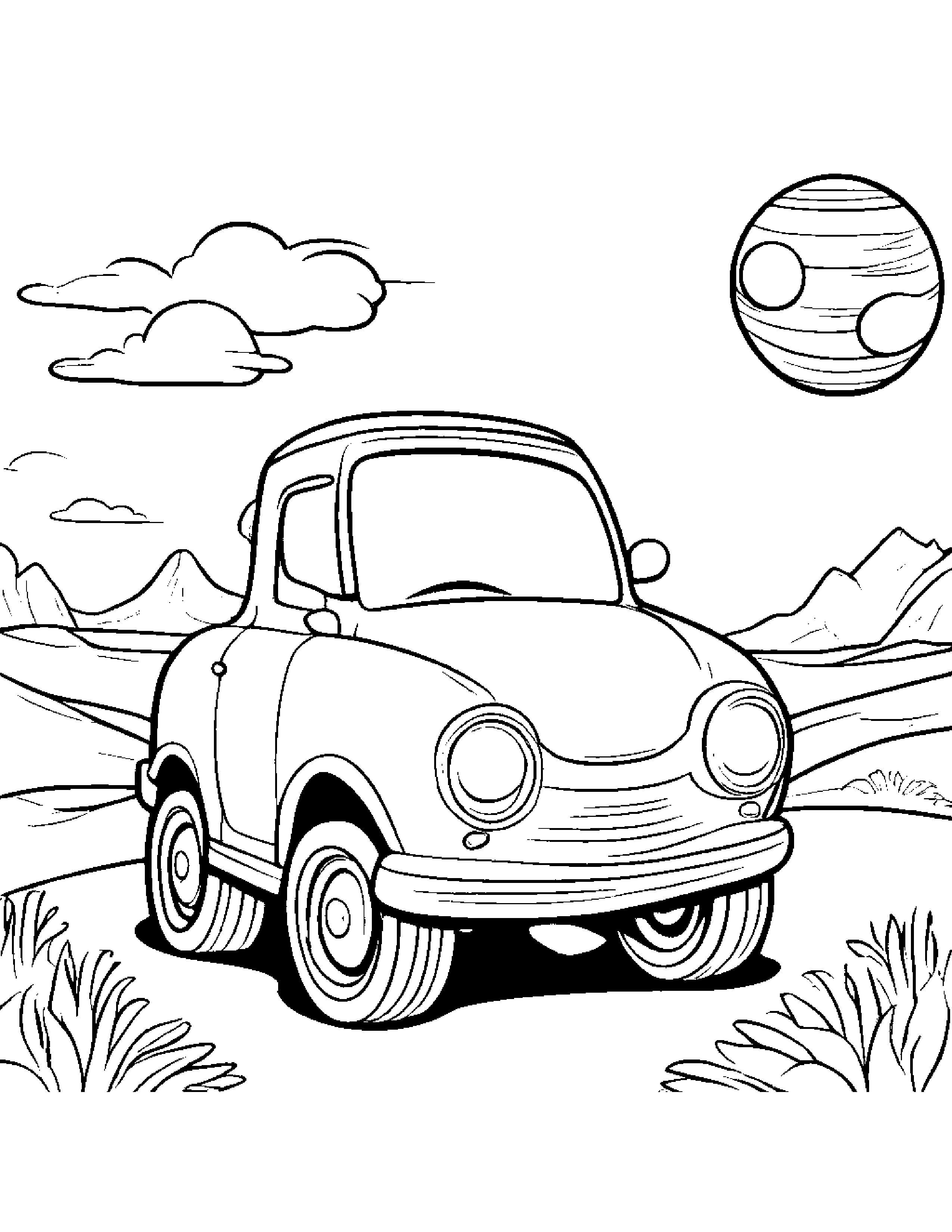 Cheerful Toy Car On A Friendly Planet #2 Coloring Page (Free Printable PDF)