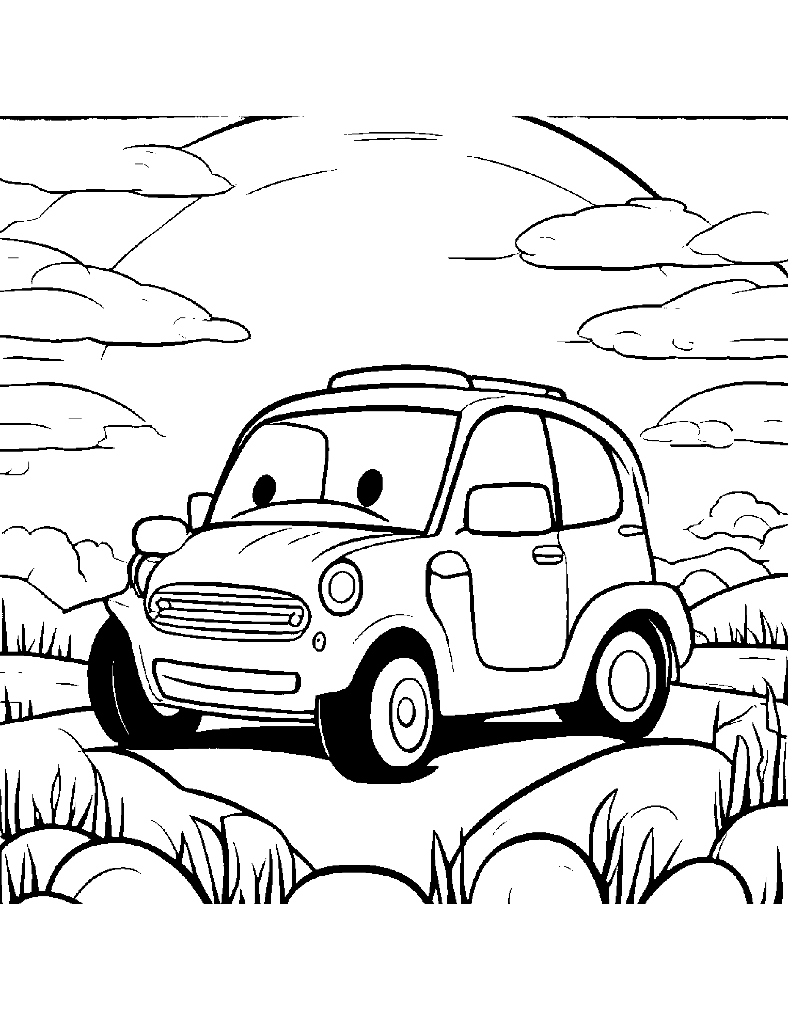 Cheerful Toy Car On A Friendly Planet Coloring Page (Free Printable PDF)
