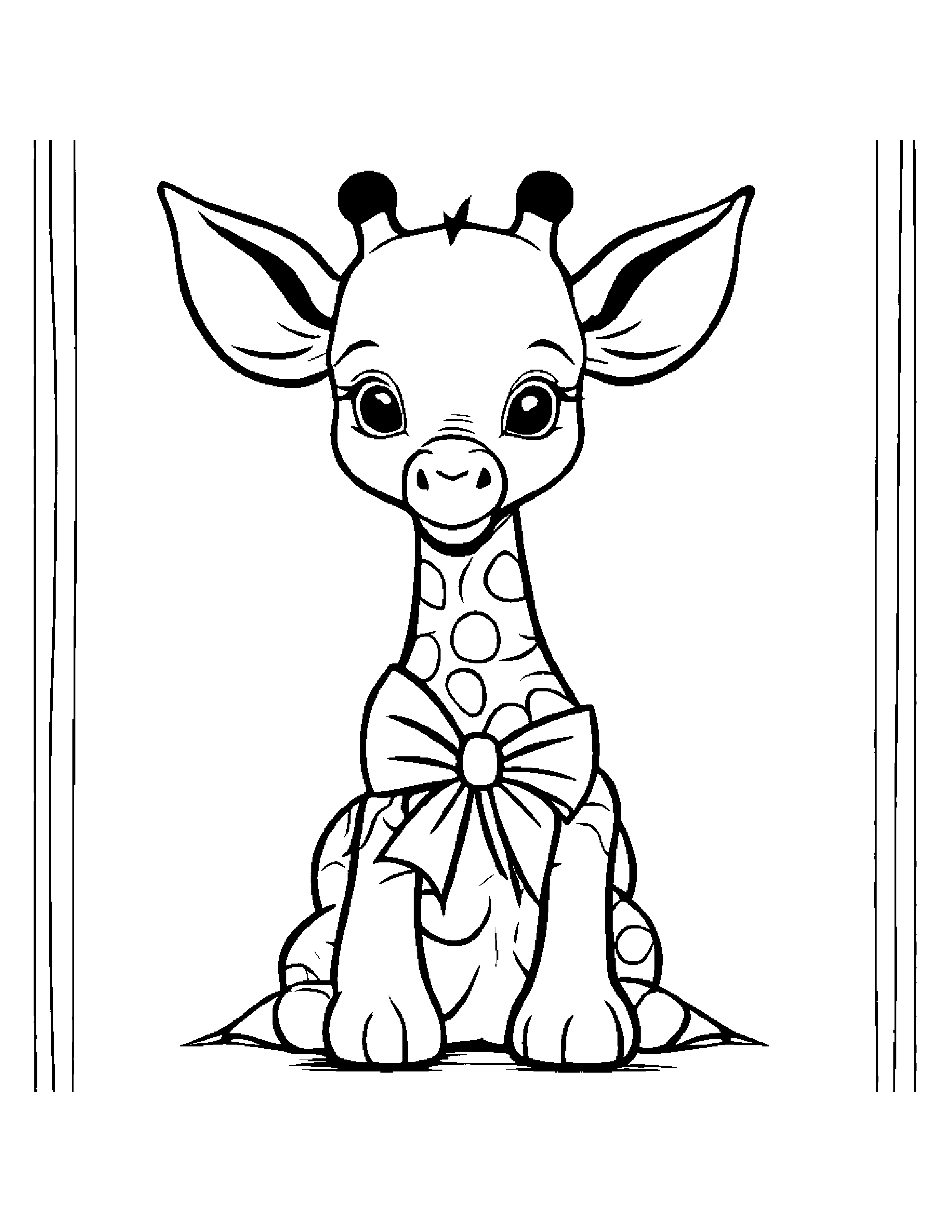 Cuddly Giraffe Calf Learning To Tie A Bow Coloring Page (Free Printable PDF)