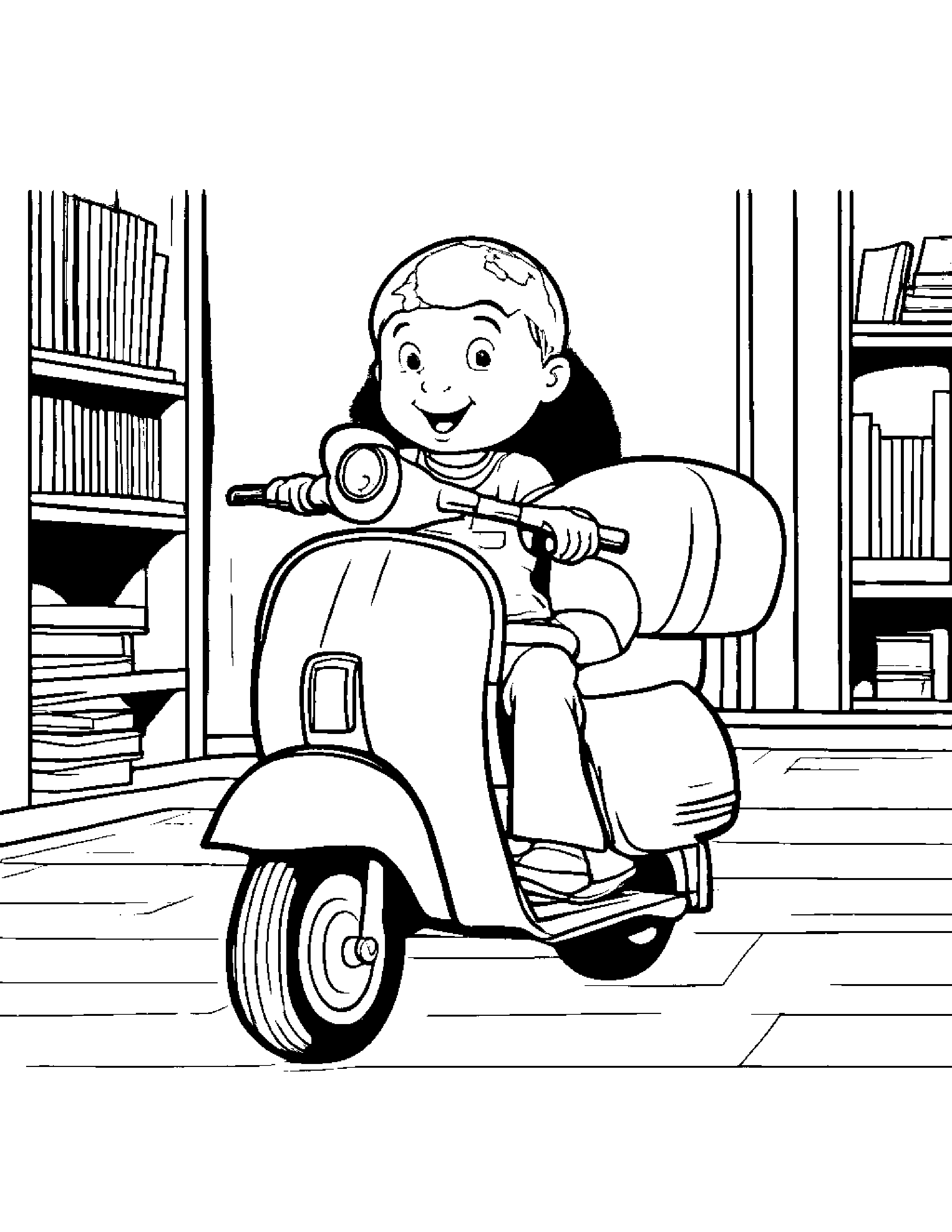 Globe Riding A Scooter By A Reading Nook #3 Coloring Page (Free Printable PDF)